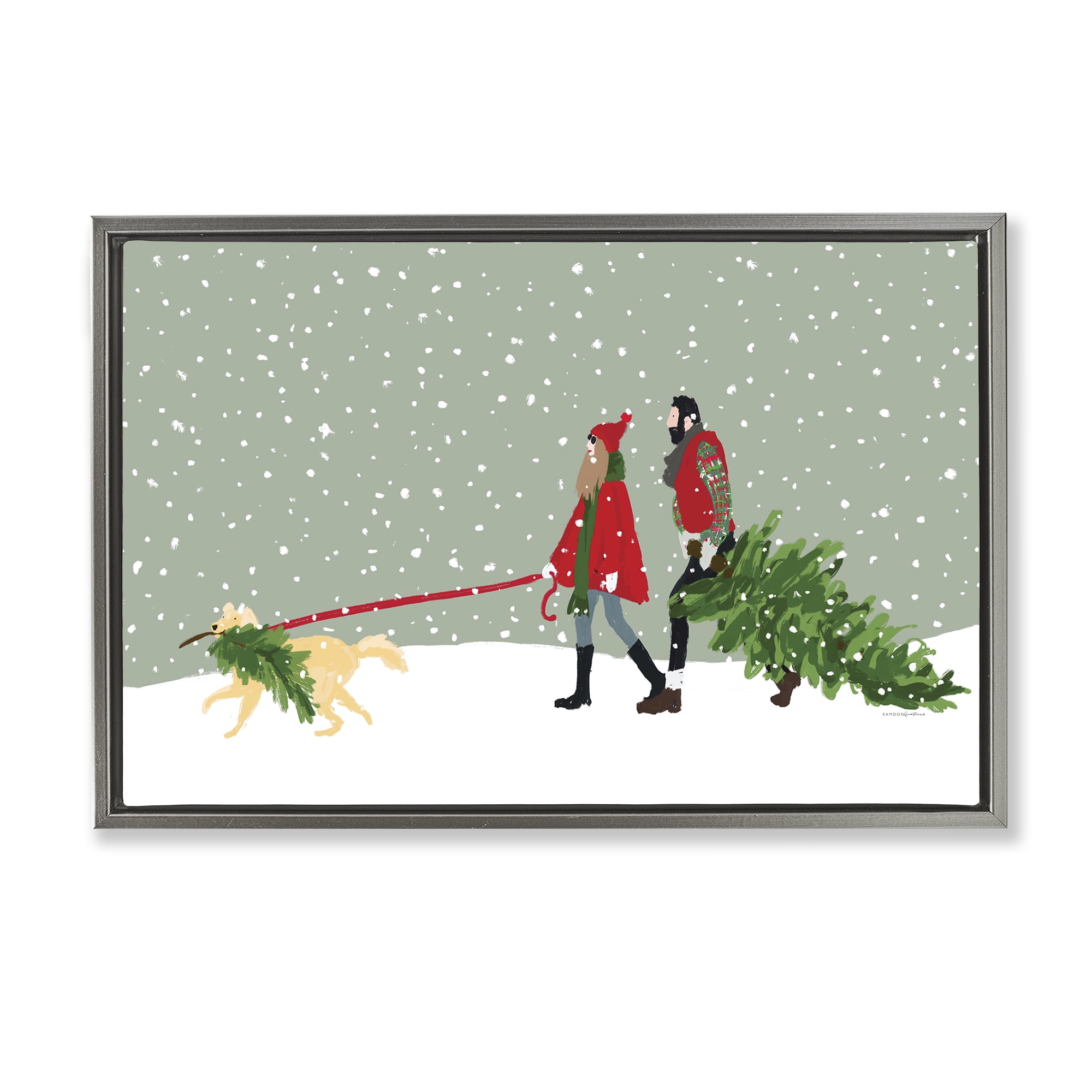 Stupell Industries Couple with Christmas Tree Holiday Painting Gray Floater Framed Canvas Art Prints Wall Art, 25 x 17