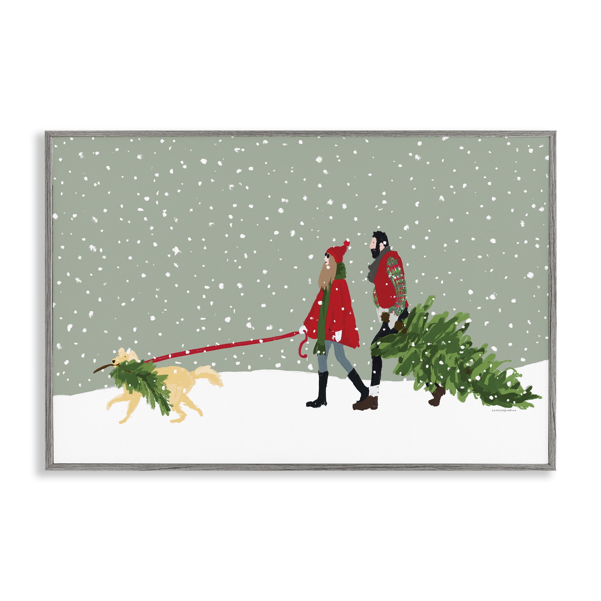 Stupell Industries Couple with Christmas Tree Holiday Painting Gray Framed Art Prints Wall Art, 30 x 20