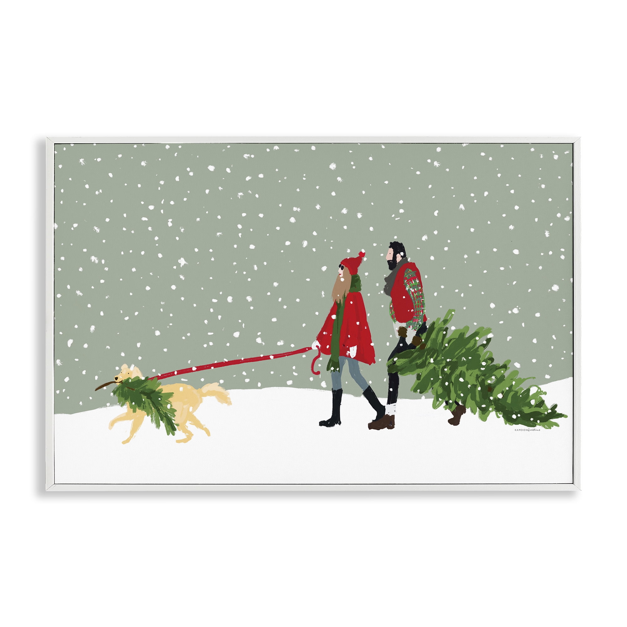Stupell Industries Couple with Christmas Tree Holiday Painting White Framed Art Prints Wall Art, 30 x 20