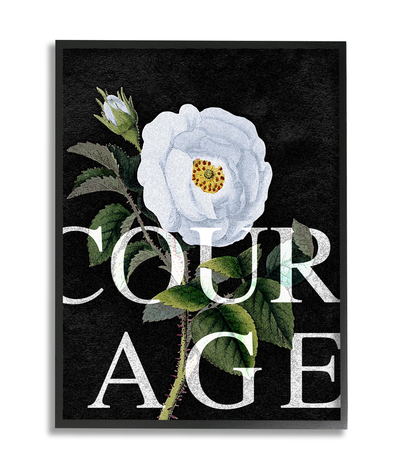 Stupell Industries Courage Text over Vintage White Rose Floral Black Framed, 11 x 14, Design by Daphne Polselli