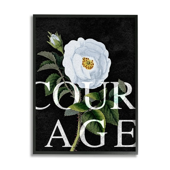 Stupell Industries Courage Text over Vintage White Rose Floral Black Framed, 16 x 20, Design by Daphne Polselli