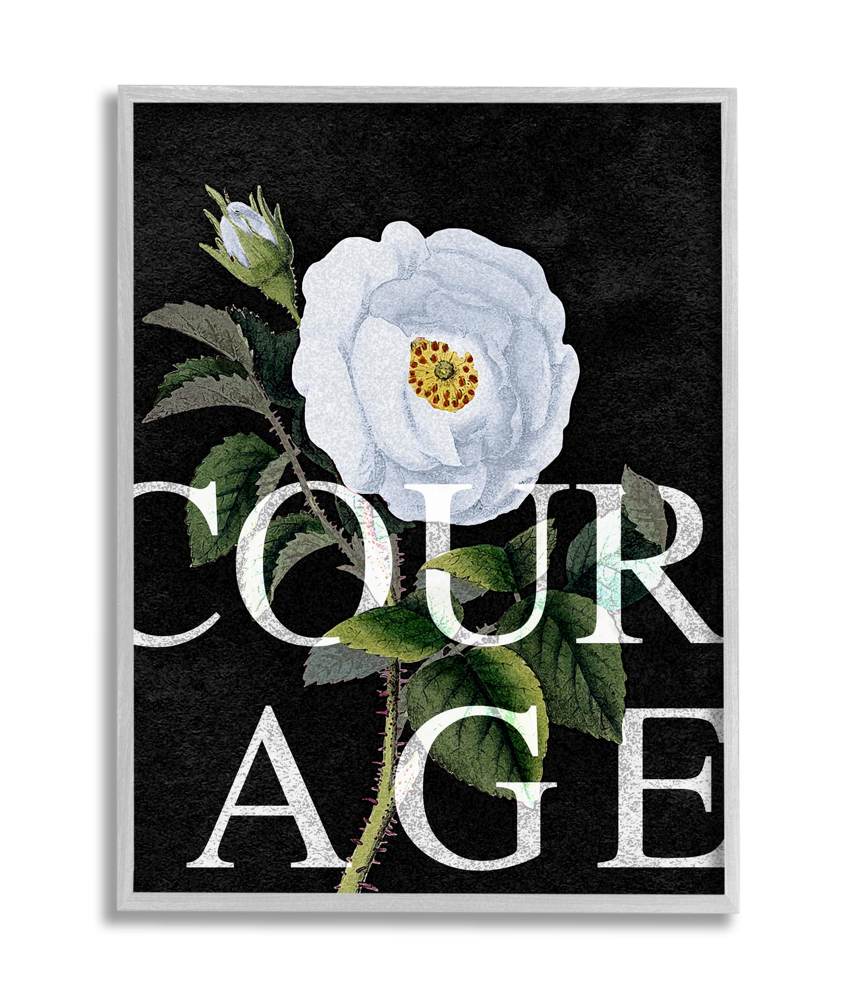 Stupell Industries Courage Text over Vintage White Rose Floral Grey Framed, 16 x 20, Design by Daphne Polselli