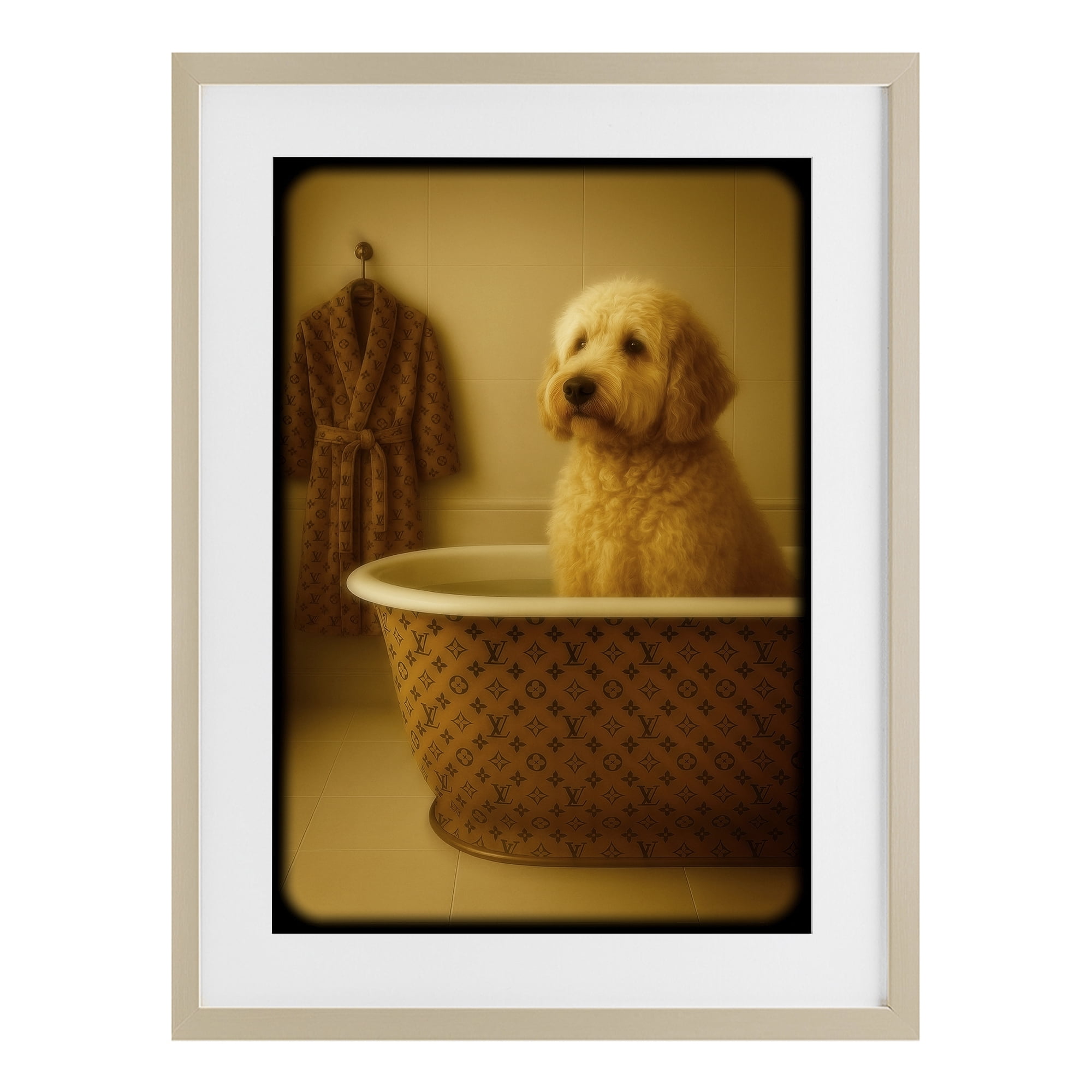 Stupell Industries Couture Dog in Luxury Tub Birch Framed Print Under Glass, design by Grotto Studios
