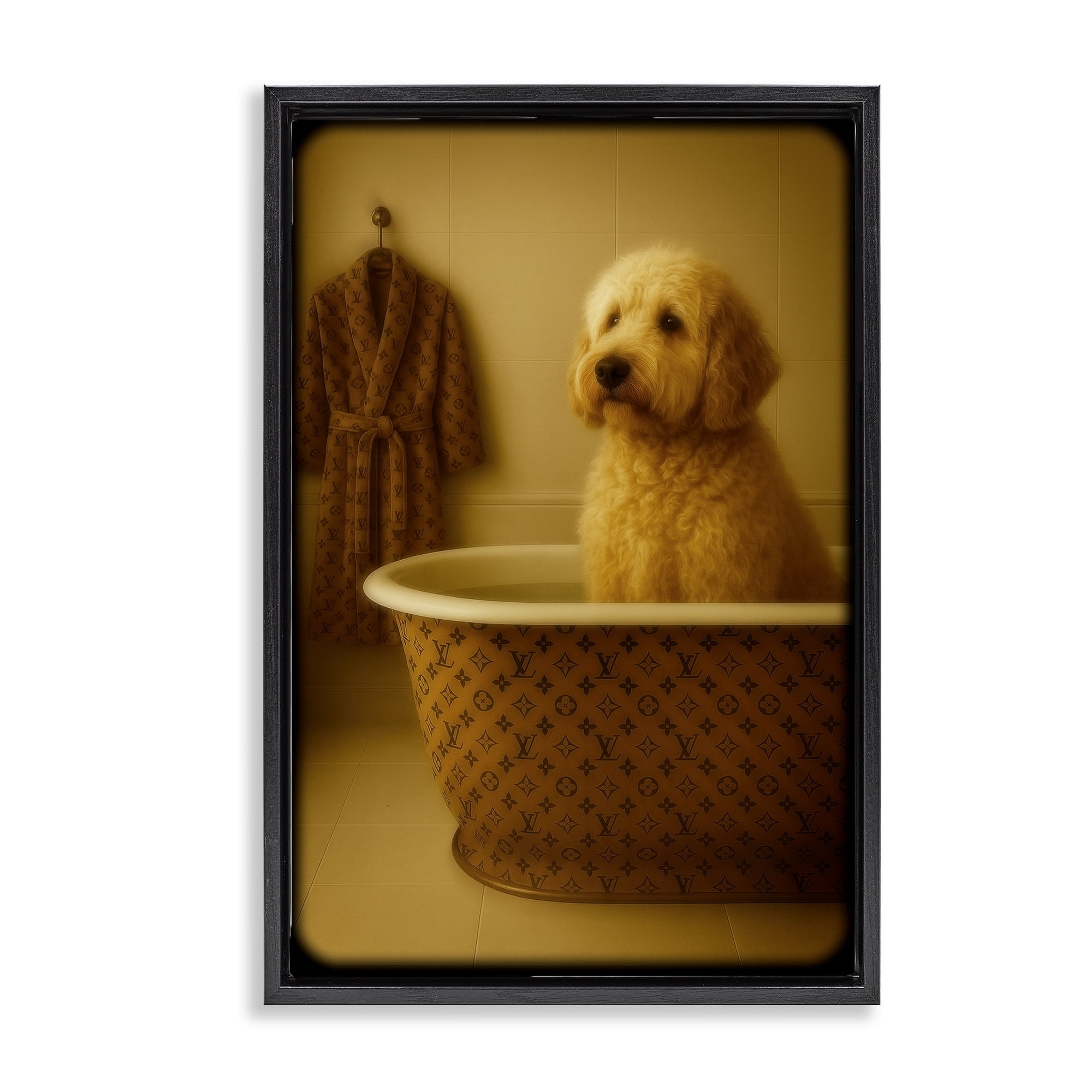 Stupell Industries Couture Dog in Luxury Tub Black Framed Floater Canvas Wall Art, design by Grotto Studios