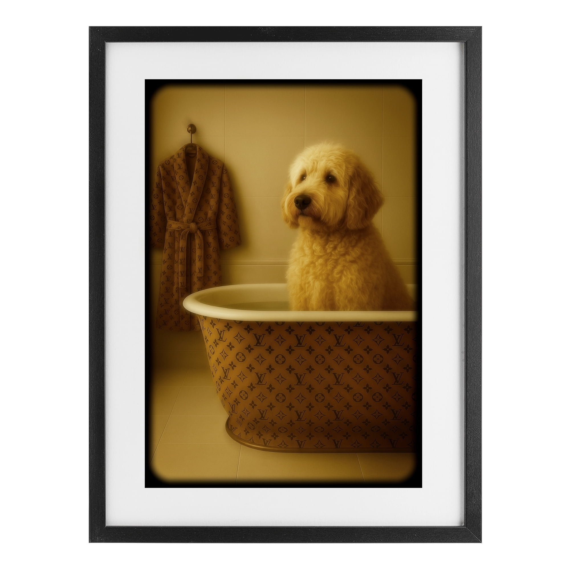 Stupell Industries Couture Dog in Luxury Tub Black Framed Print Under Glass, design by Grotto Studios