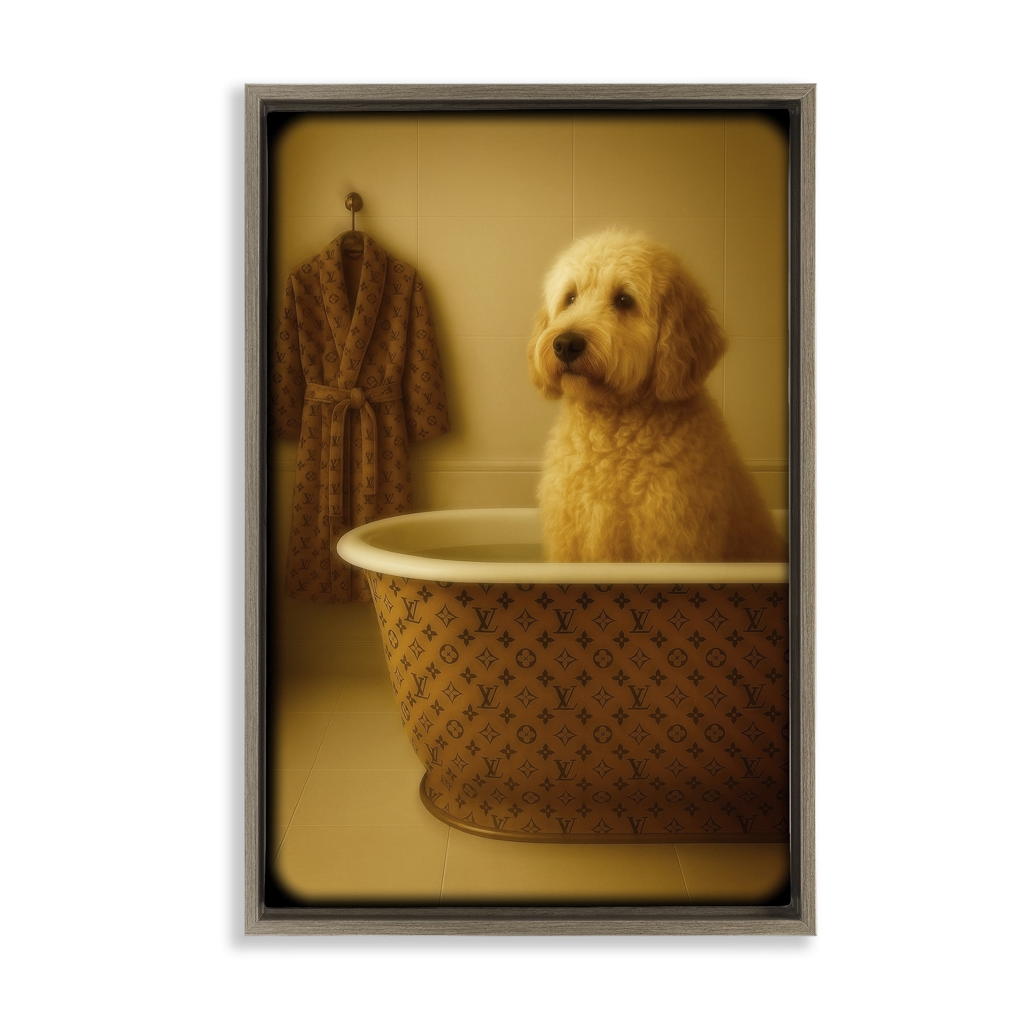 Stupell Industries Couture Dog in Luxury Tub Brown Framed Floater Canvas Wall Art, design by Grotto Studios