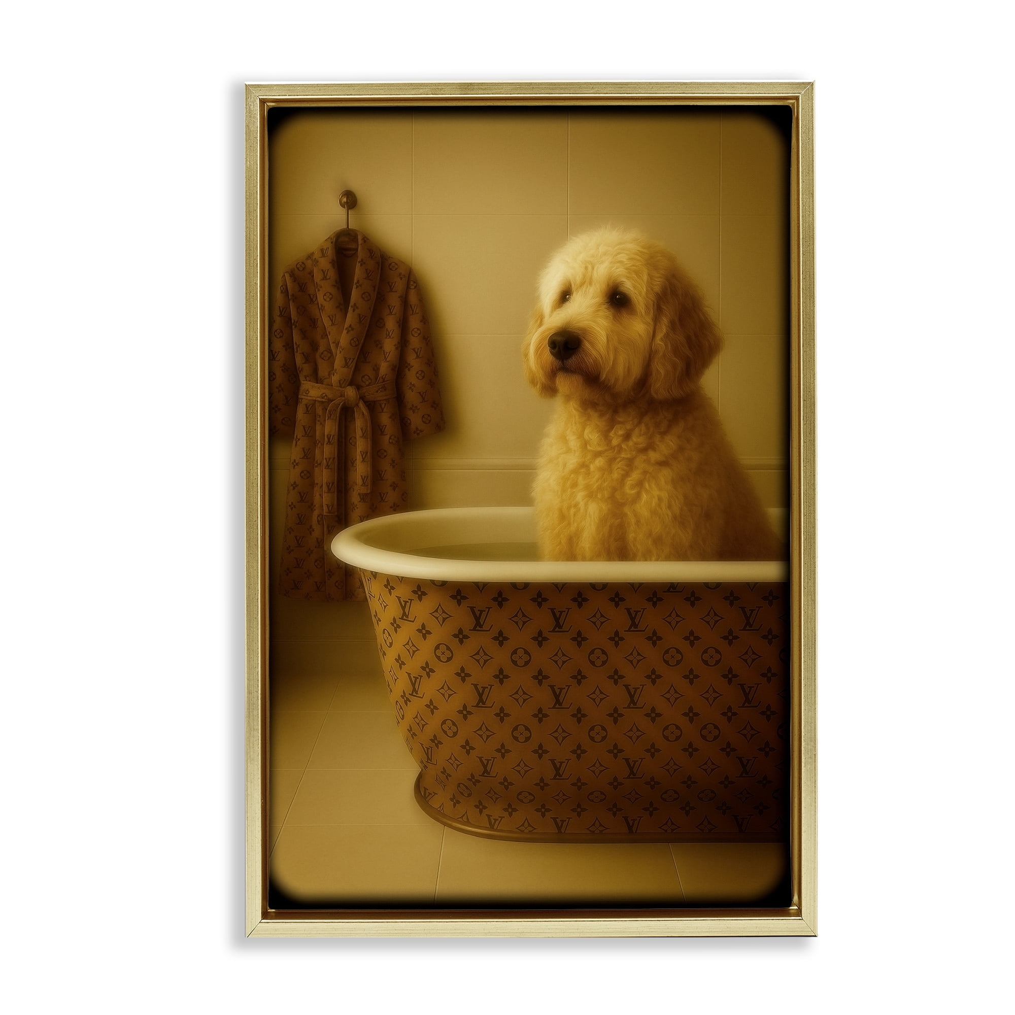 Stupell Industries Couture Dog in Luxury Tub Gold Framed Floater Canvas Wall Art, design by Grotto Studios