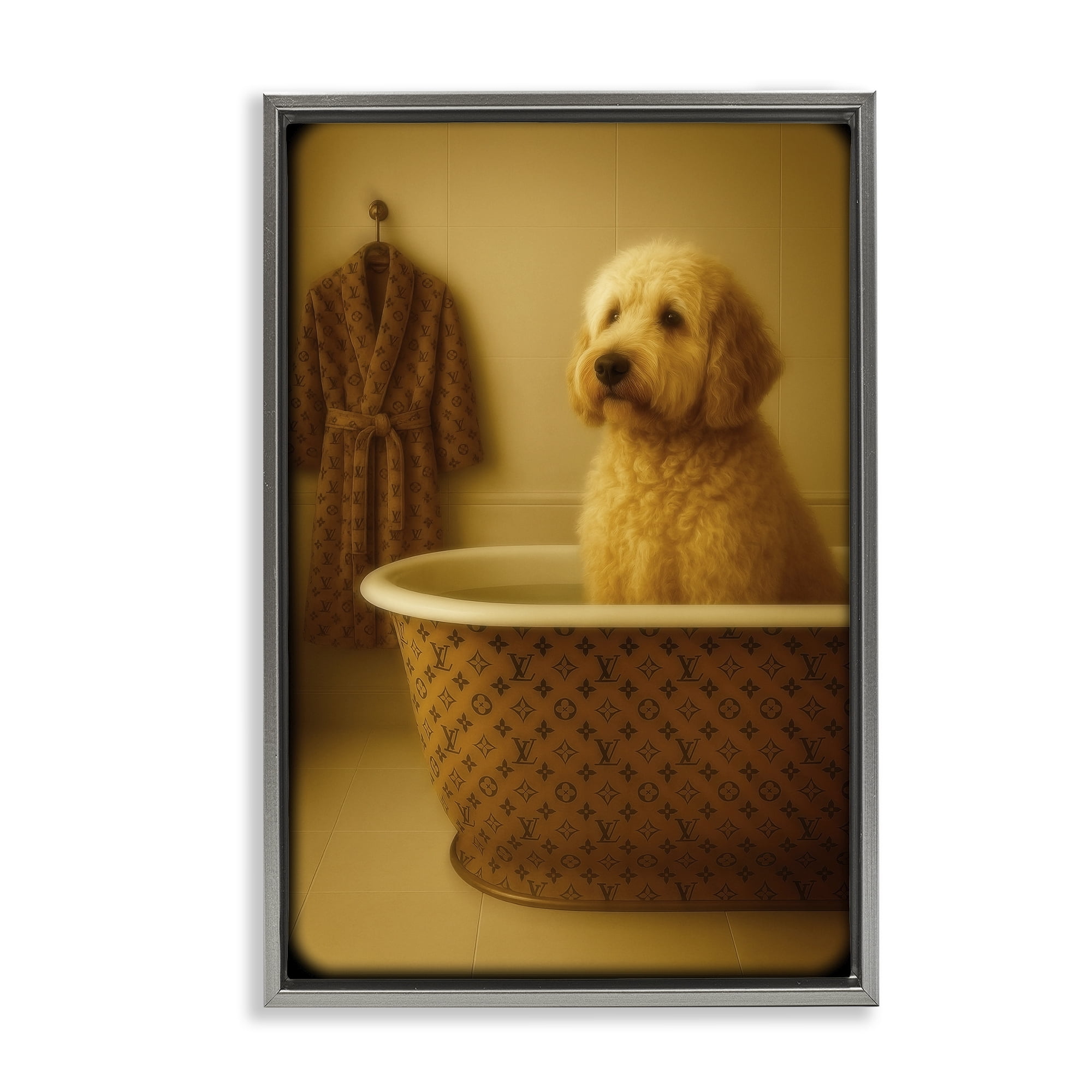 Stupell Industries Couture Dog in Luxury Tub Gray Framed Floater Canvas Wall Art, design by Grotto Studios