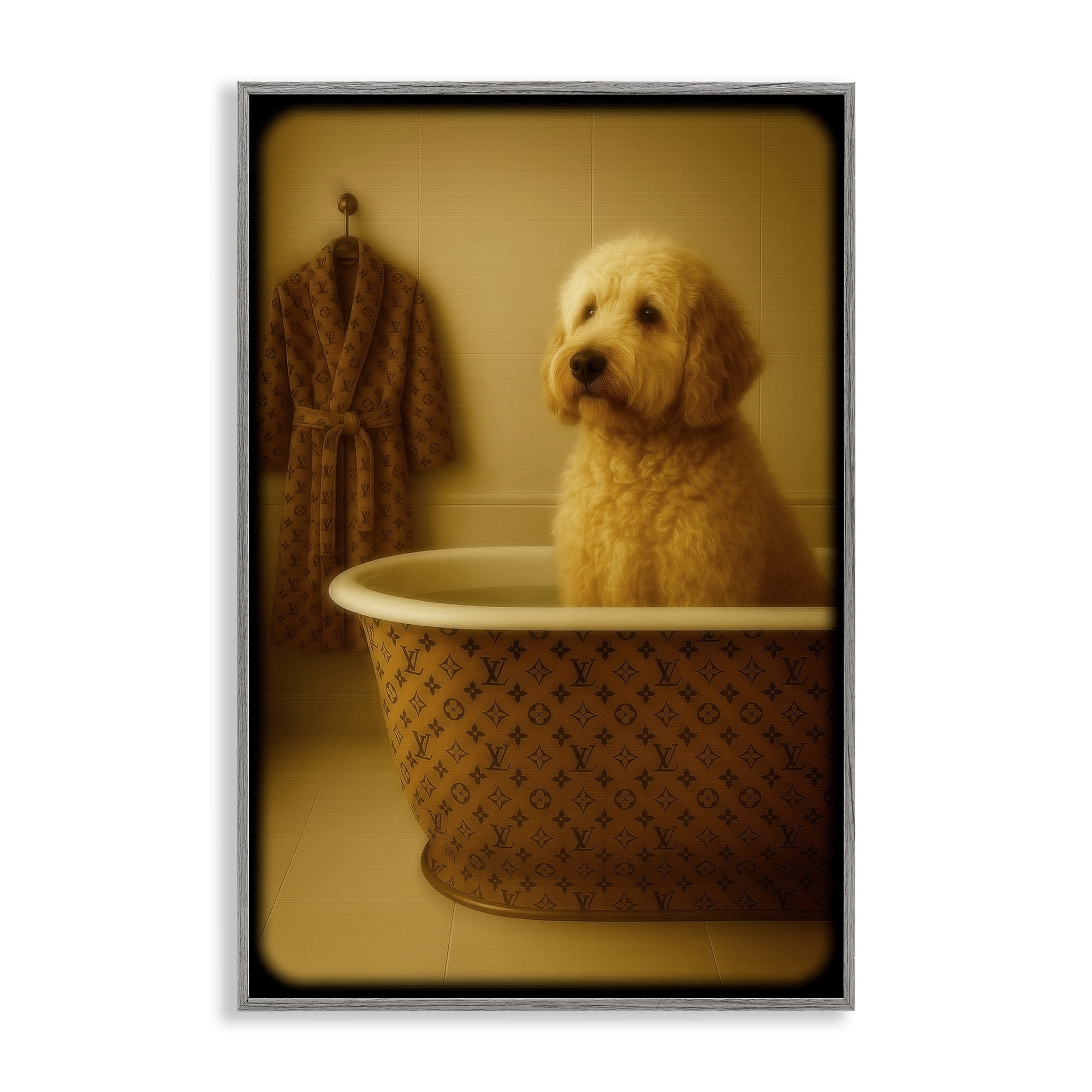 Stupell Industries Couture Dog in Luxury Tub Gray Framed Giclee Art, design by Grotto Studios