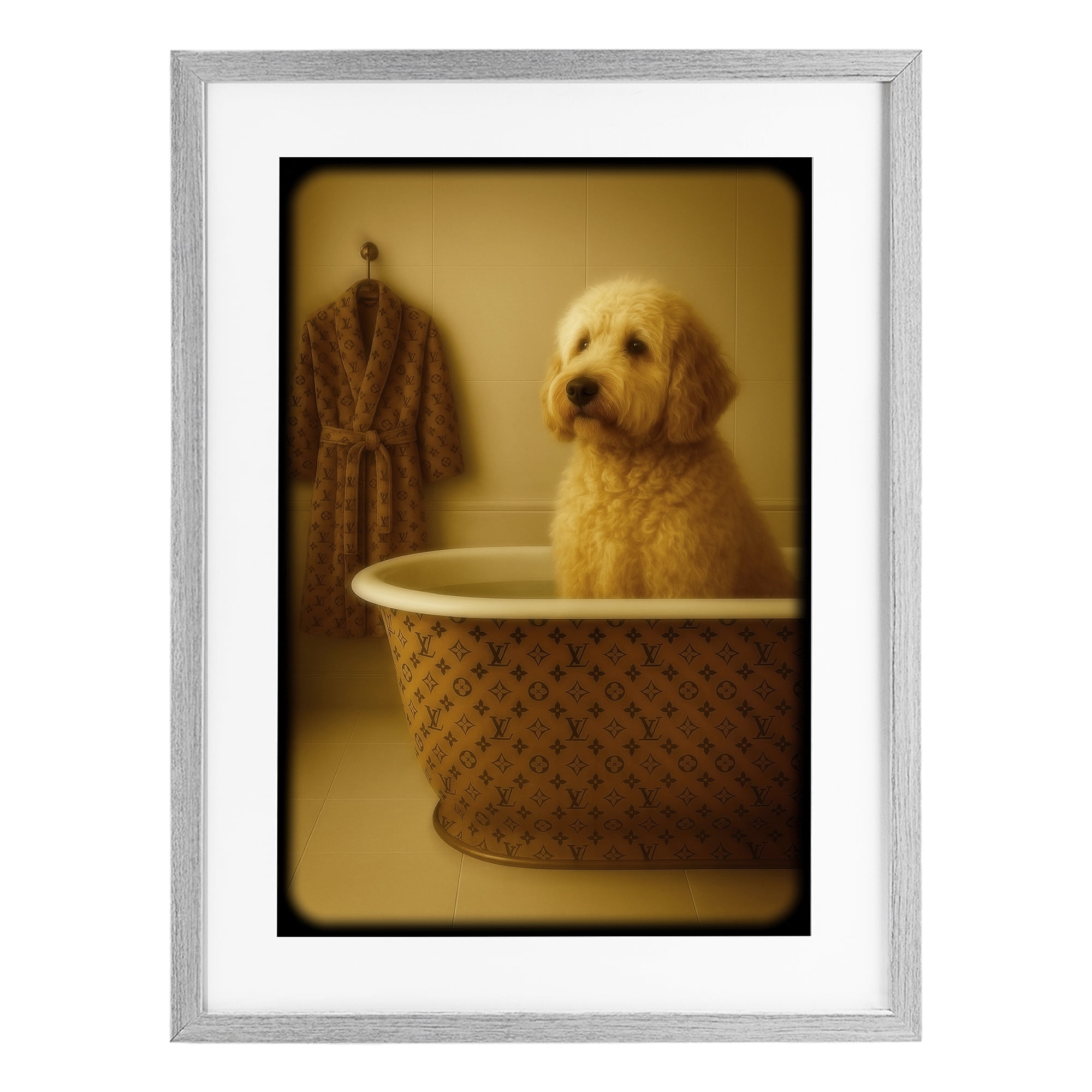 Stupell Industries Couture Dog in Luxury Tub Gray Framed Print Under Glass, design by Grotto Studios