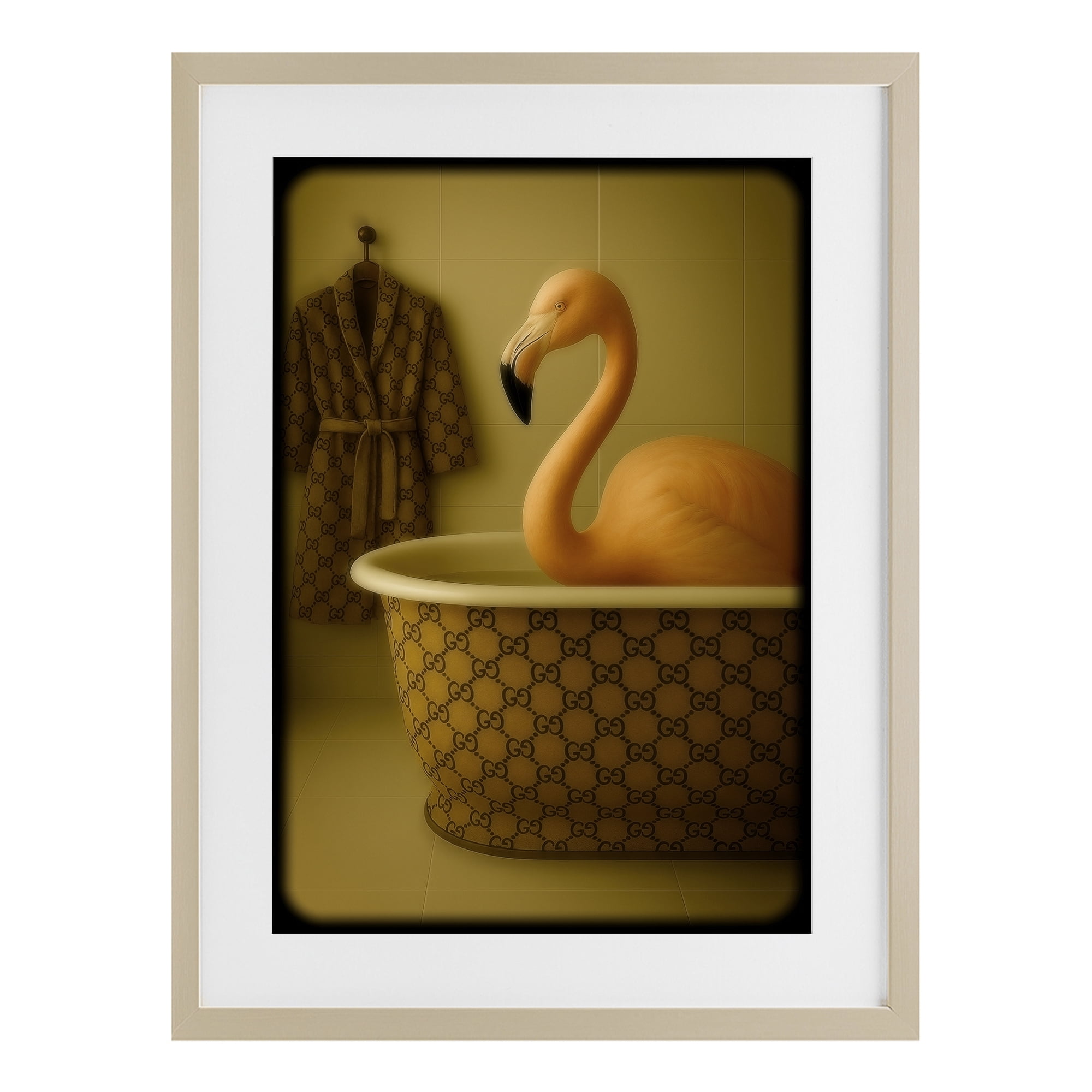 Stupell Industries Couture Flamingo in Luxury Tub Birch Framed Print Under Glass, design by Grotto Studios