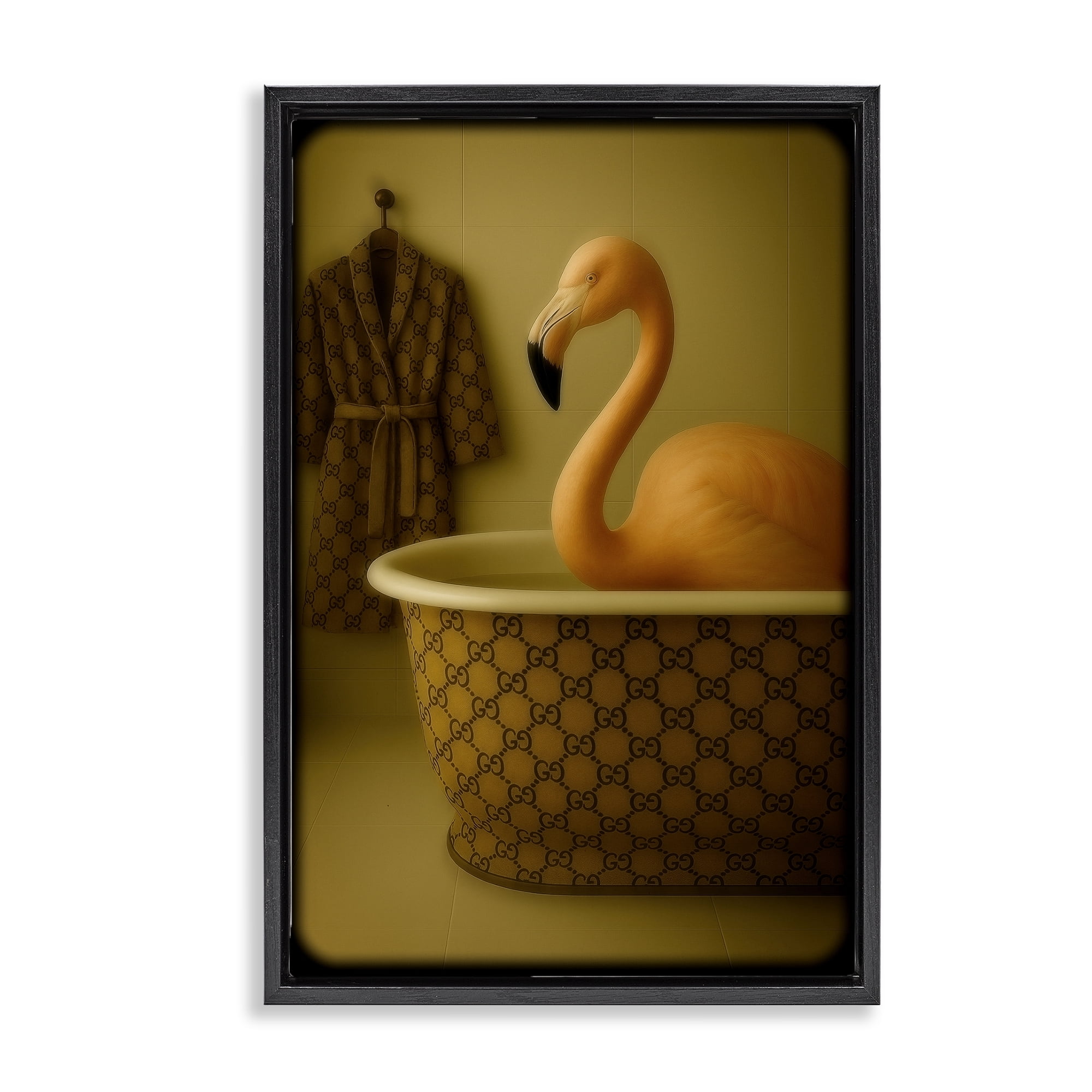 Stupell Industries Couture Flamingo in Luxury Tub Black Framed Floater Canvas Wall Art, design by Grotto Studios