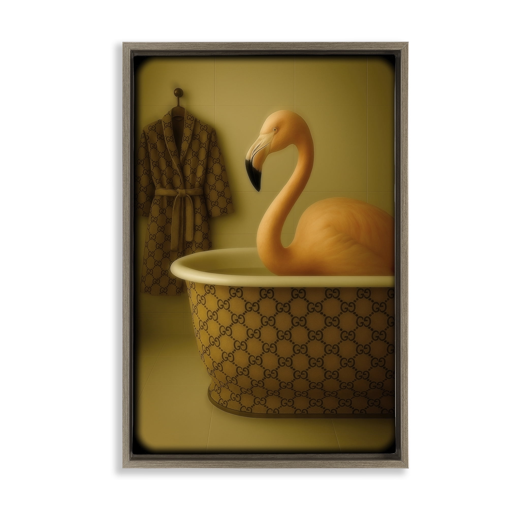 Stupell Industries Couture Flamingo in Luxury Tub Brown Framed Floater Canvas Wall Art, design by Grotto Studios
