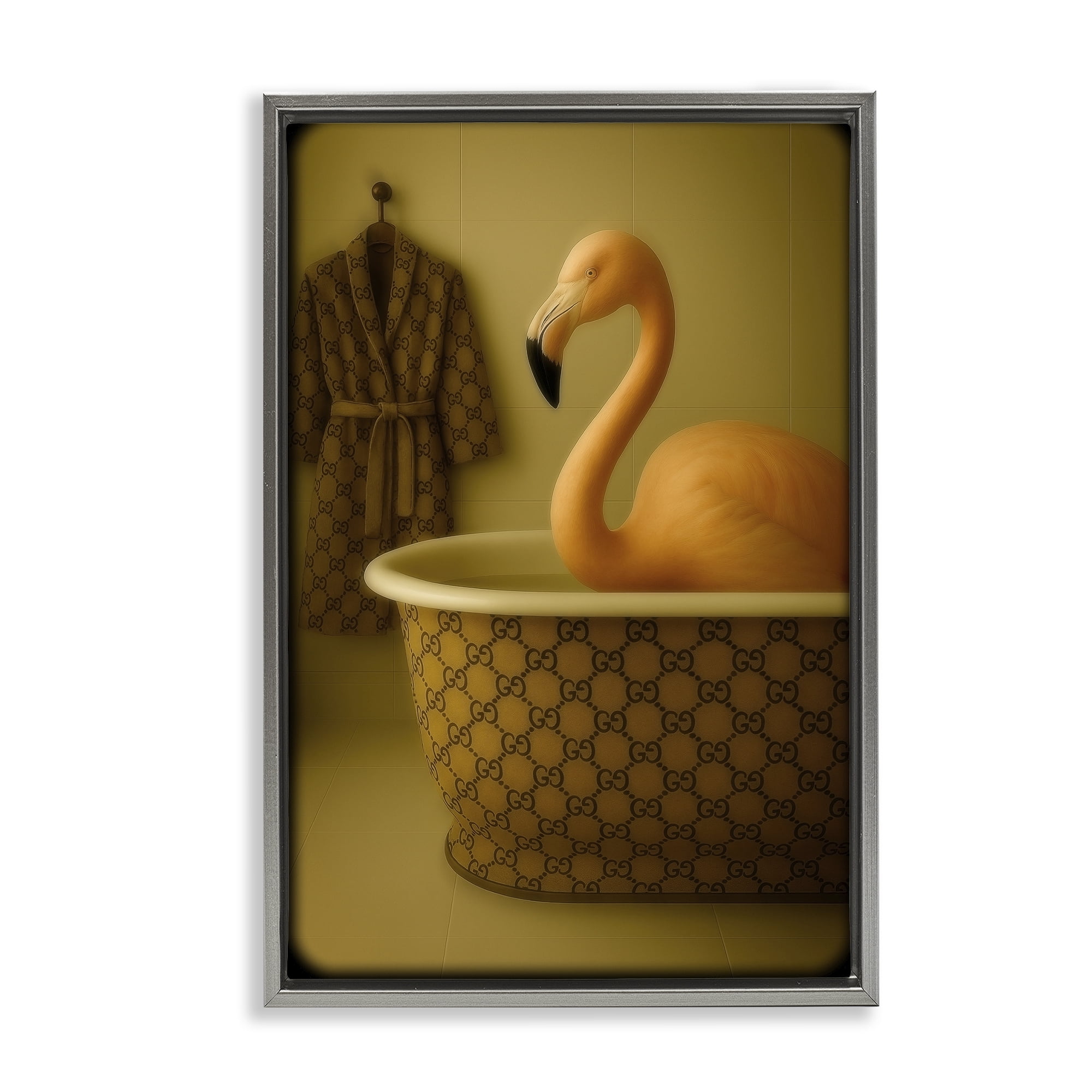 Stupell Industries Couture Flamingo in Luxury Tub Gray Framed Floater Canvas Wall Art, design by Grotto Studios