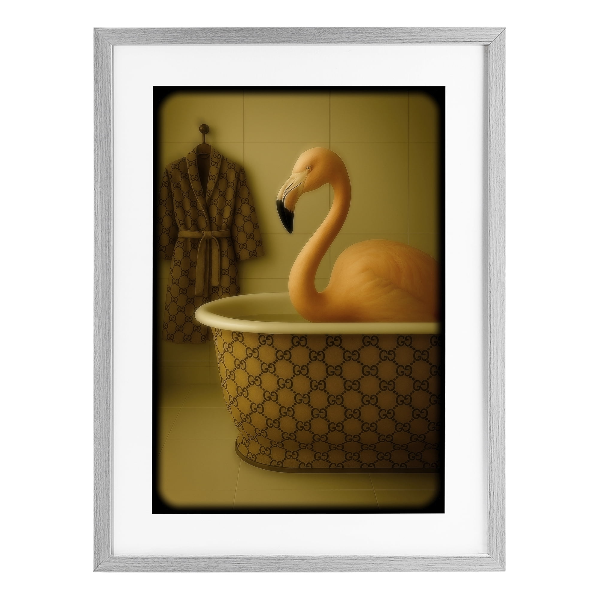 Stupell Industries Couture Flamingo in Luxury Tub Gray Framed Print Under Glass, design by Grotto Studios