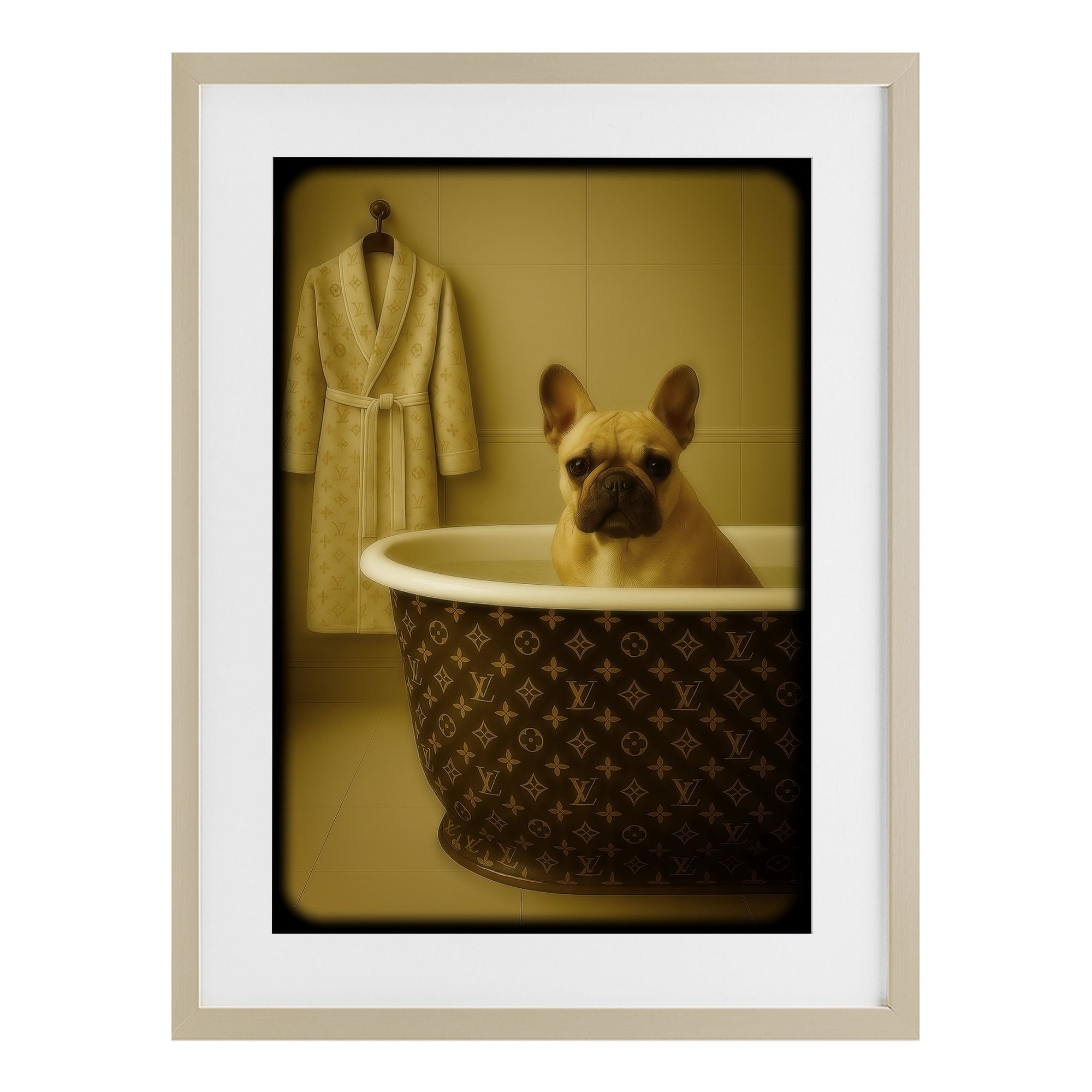 Stupell Industries Couture French Bulldog in Luxury Tub Birch Framed Print Under Glass, design by Grotto Studios