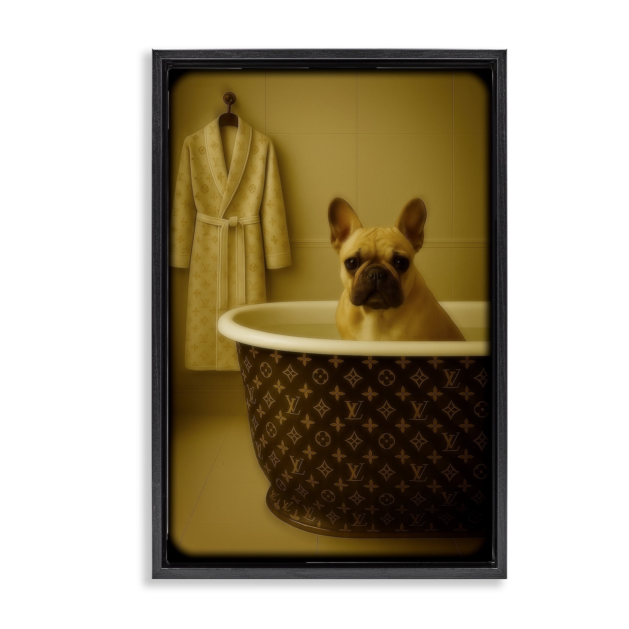Stupell Industries Couture French Bulldog in Luxury Tub Black Framed Floater Canvas Wall Art, design by Grotto Studios