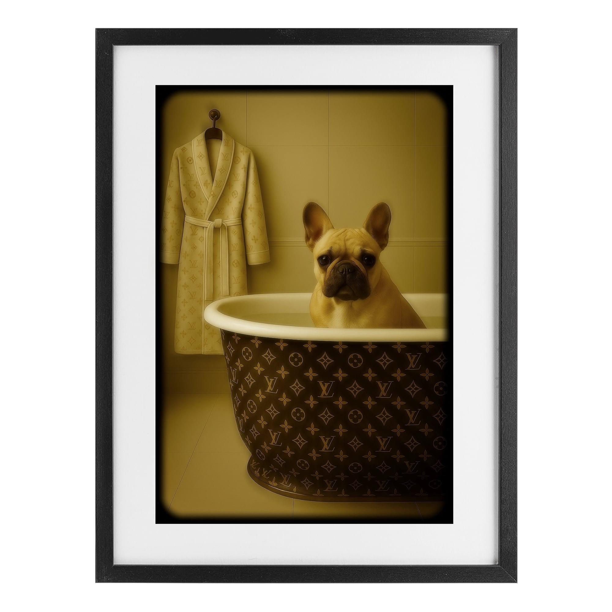 Stupell Industries Couture French Bulldog in Luxury Tub Black Framed Print Under Glass, design by Grotto Studios