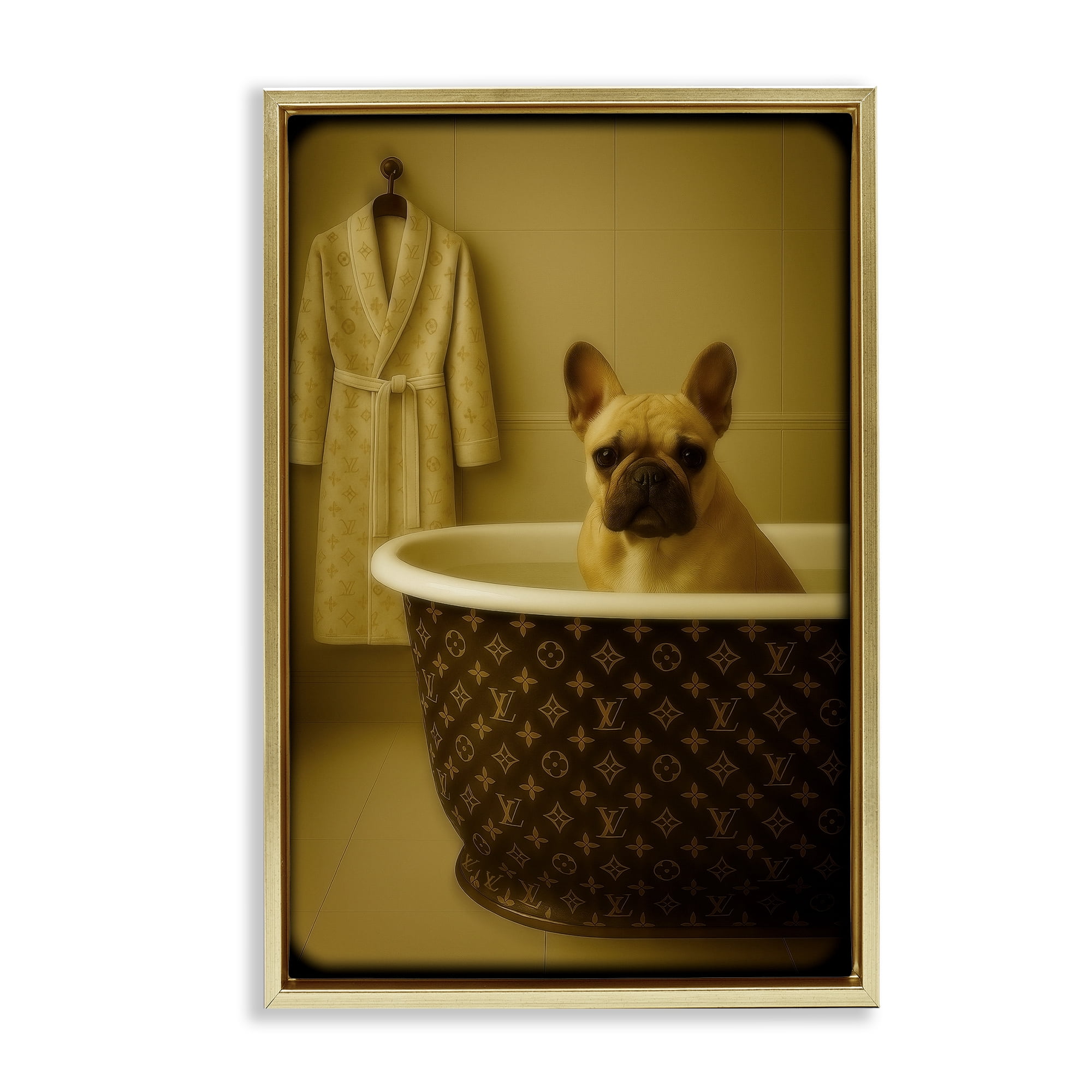 Stupell Industries Couture French Bulldog in Luxury Tub Gold Framed Floater Canvas Wall Art, design by Grotto Studios