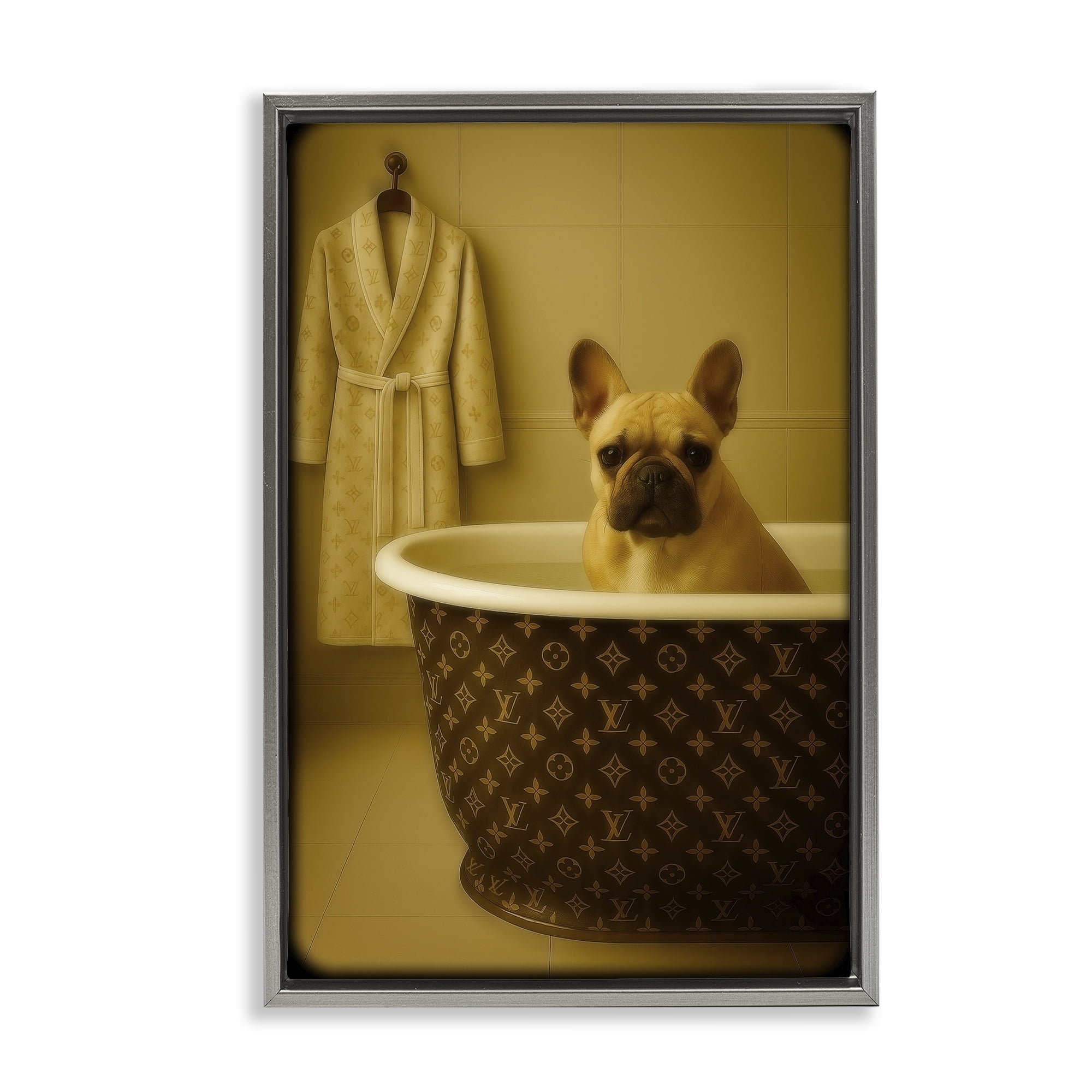 Stupell Industries Couture French Bulldog in Luxury Tub Gray Framed Floater Canvas Wall Art, design by Grotto Studios