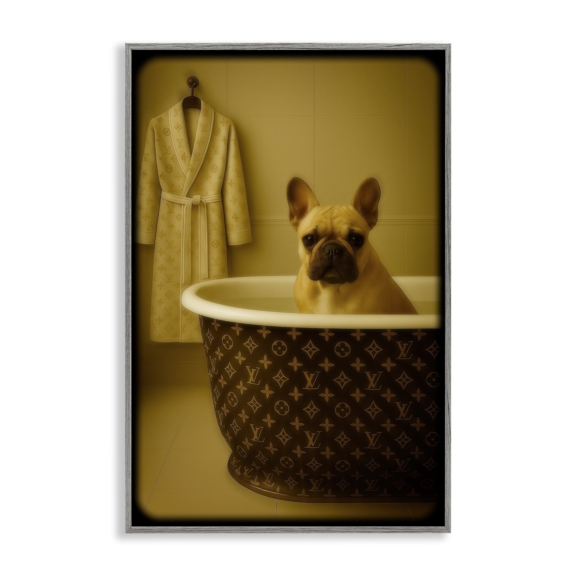 Stupell Industries Couture French Bulldog in Luxury Tub Gray Framed Giclee Art, design by Grotto Studios