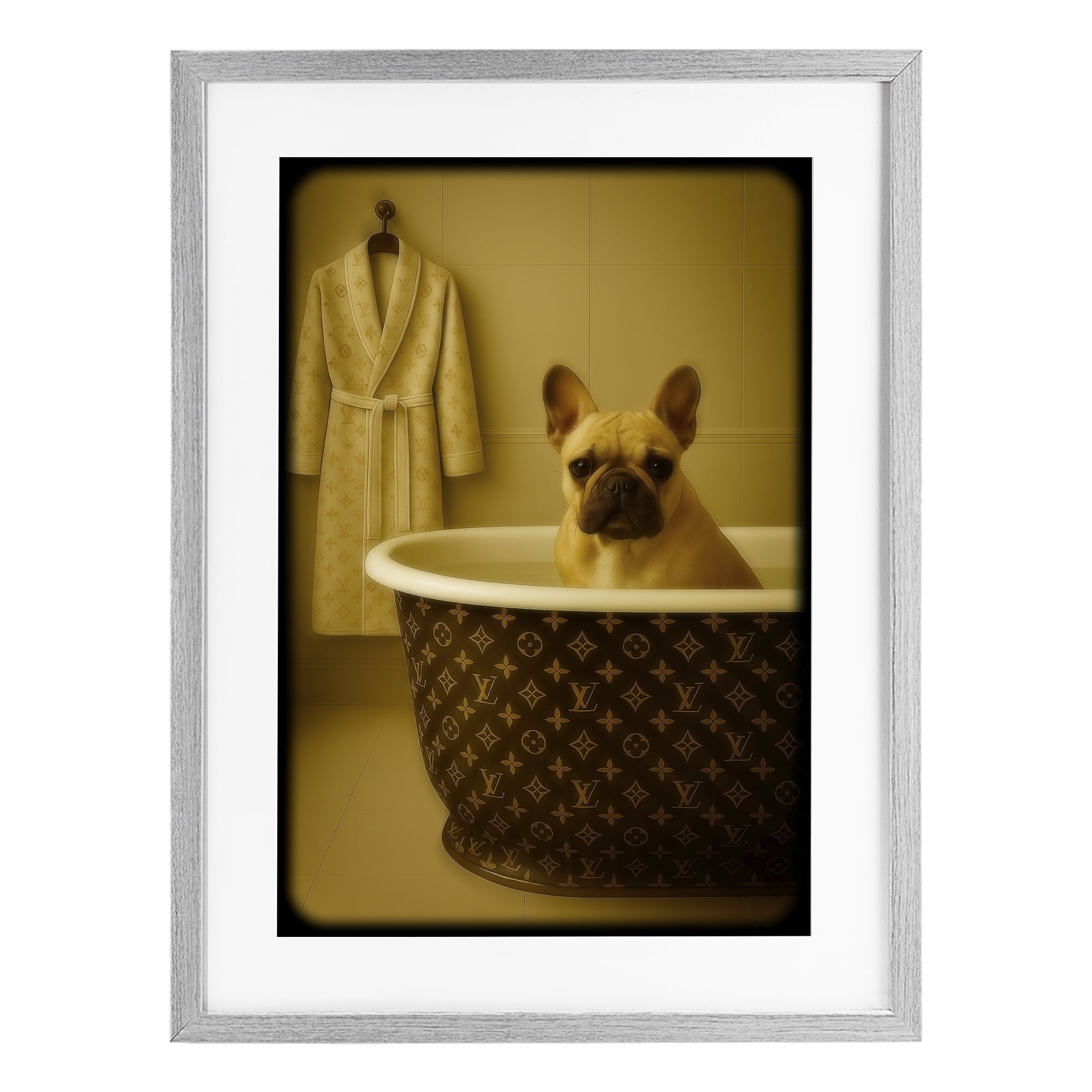 Stupell Industries Couture French Bulldog in Luxury Tub Gray Framed Print Under Glass, design by Grotto Studios