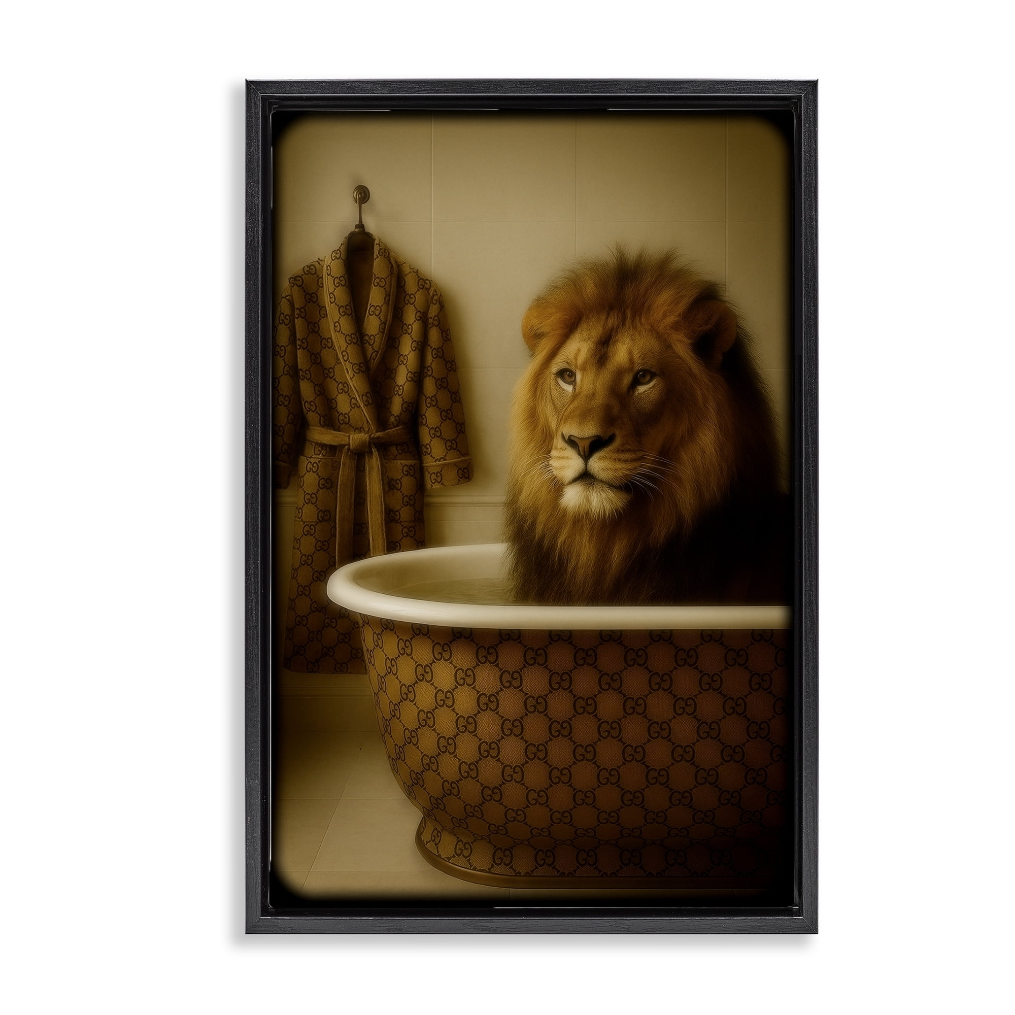 Stupell Industries Couture Lion in Luxury Tub Black Framed Floater Canvas Wall Art, design by Grotto Studios