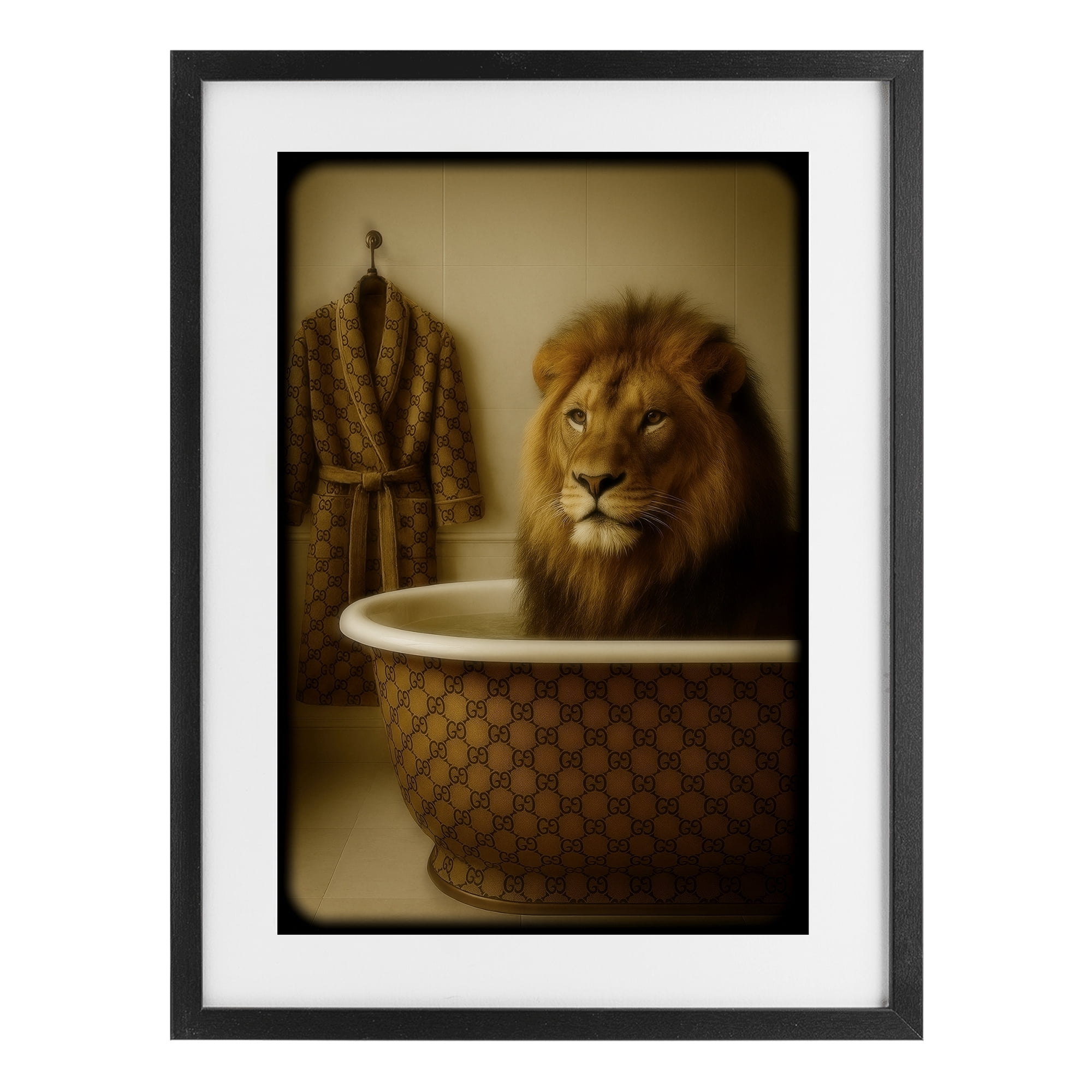 Stupell Industries Couture Lion in Luxury Tub Black Framed Print Under Glass, design by Grotto Studios