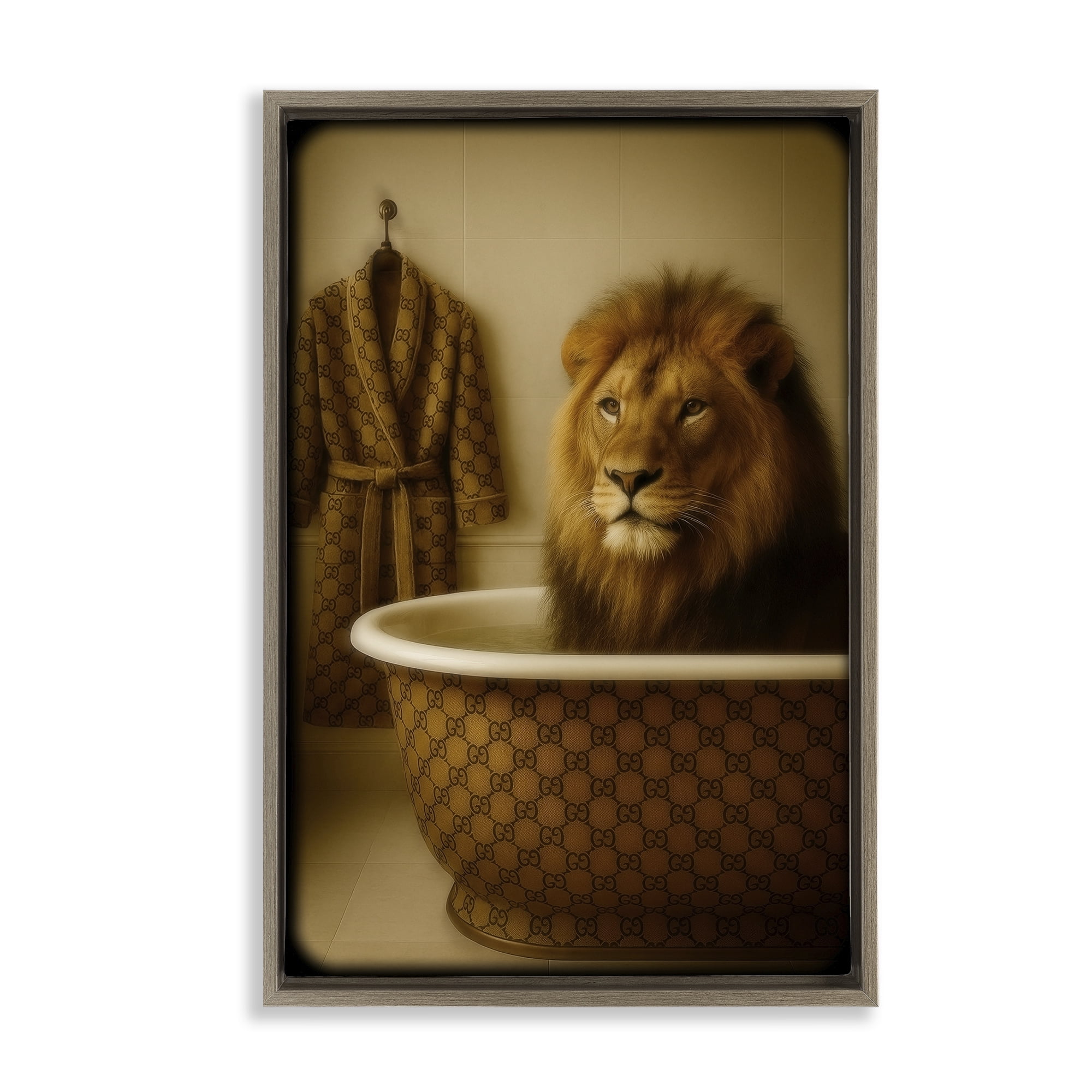 Stupell Industries Couture Lion in Luxury Tub Brown Framed Floater Canvas Wall Art, design by Grotto Studios