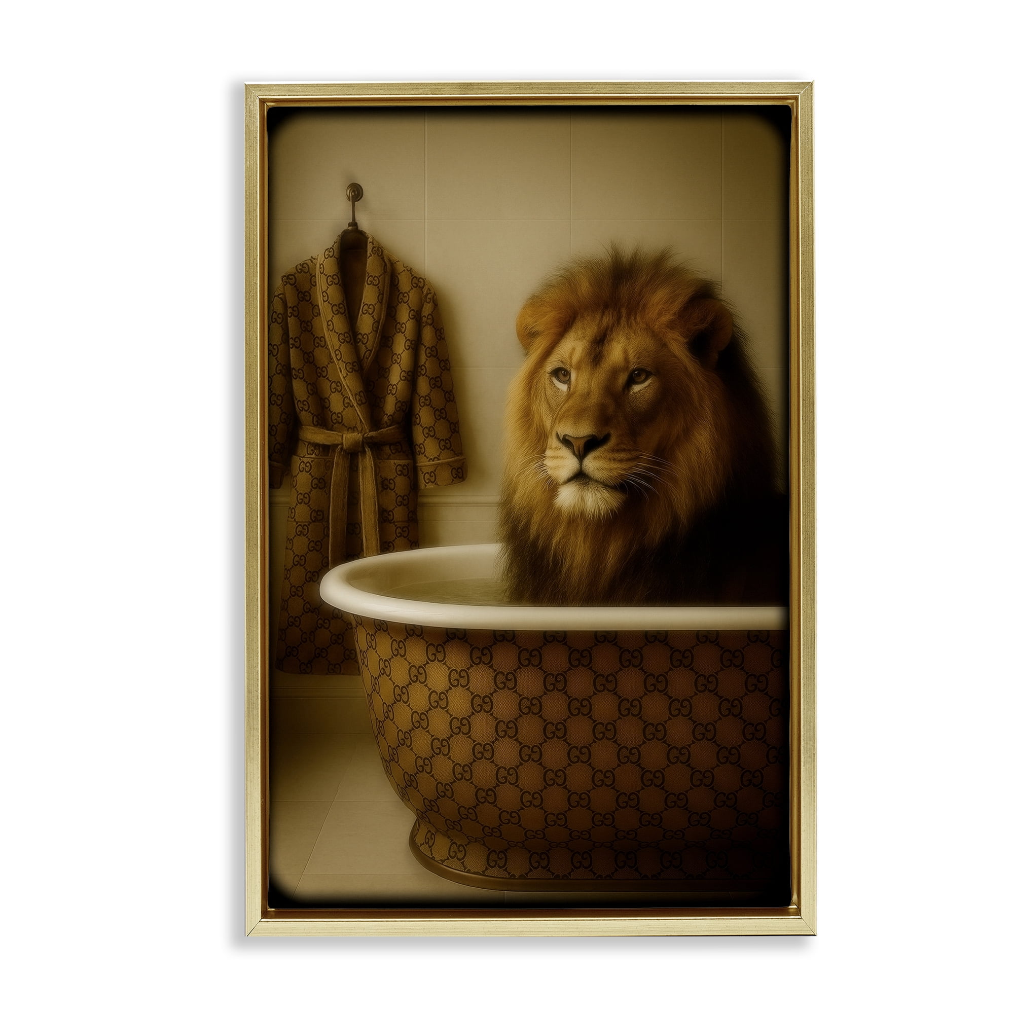 Stupell Industries Couture Lion in Luxury Tub Gold Framed Floater Canvas Wall Art, design by Grotto Studios