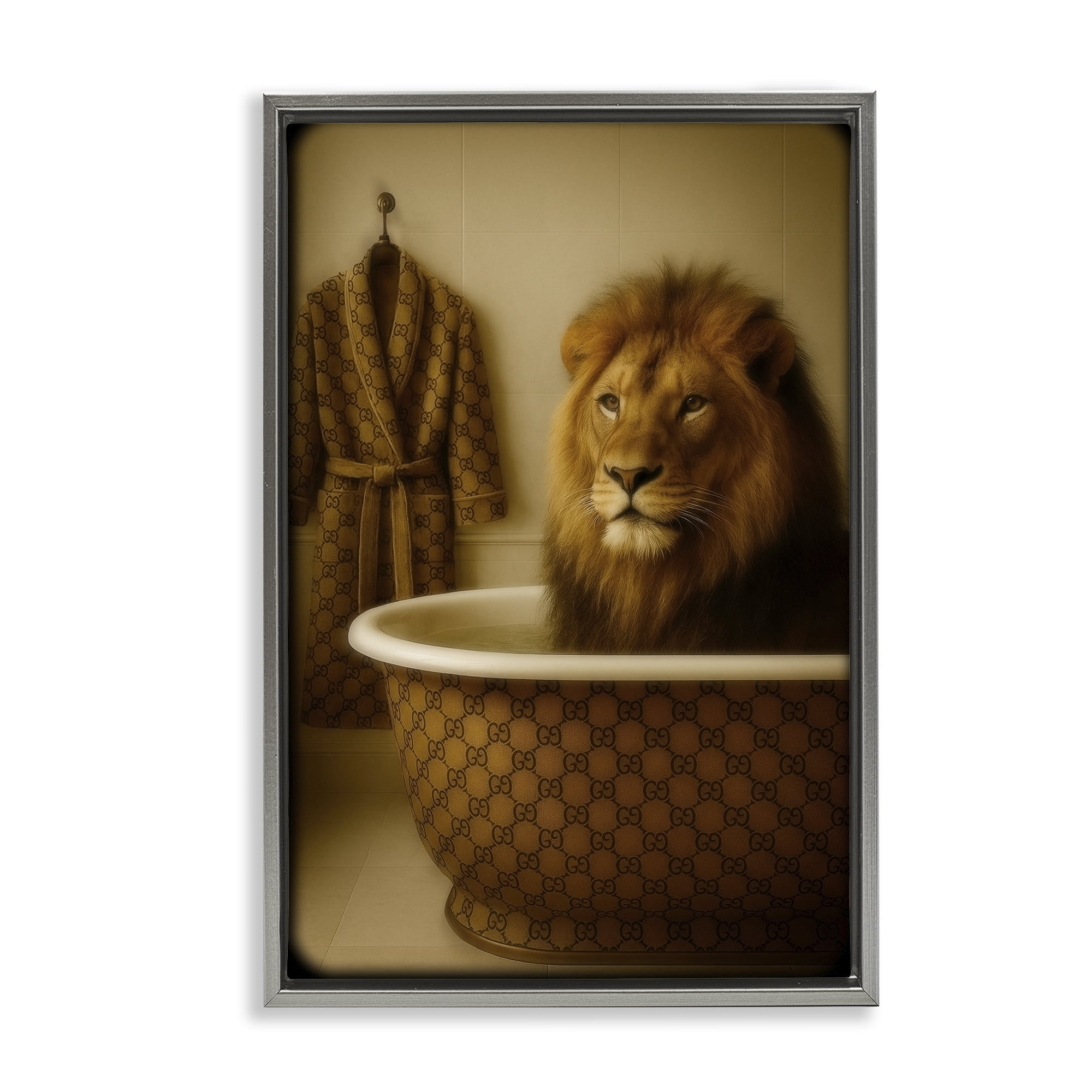 Stupell Industries Couture Lion in Luxury Tub Gray Framed Floater Canvas Wall Art, design by Grotto Studios