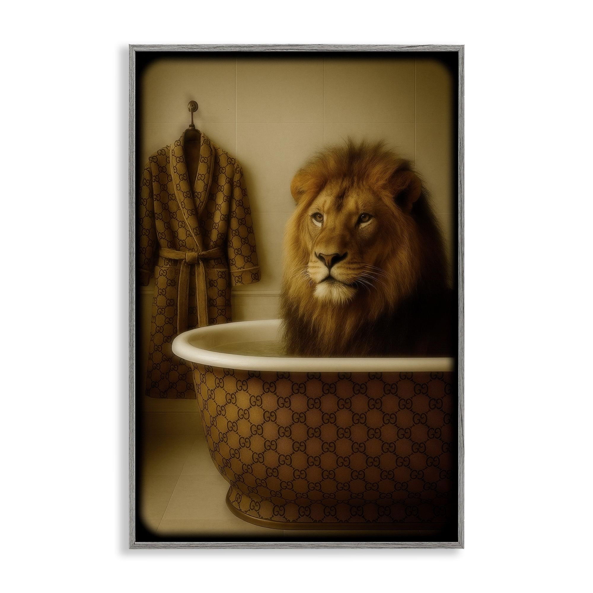 Stupell Industries Couture Lion in Luxury Tub Gray Framed Giclee Art, design by Grotto Studios
