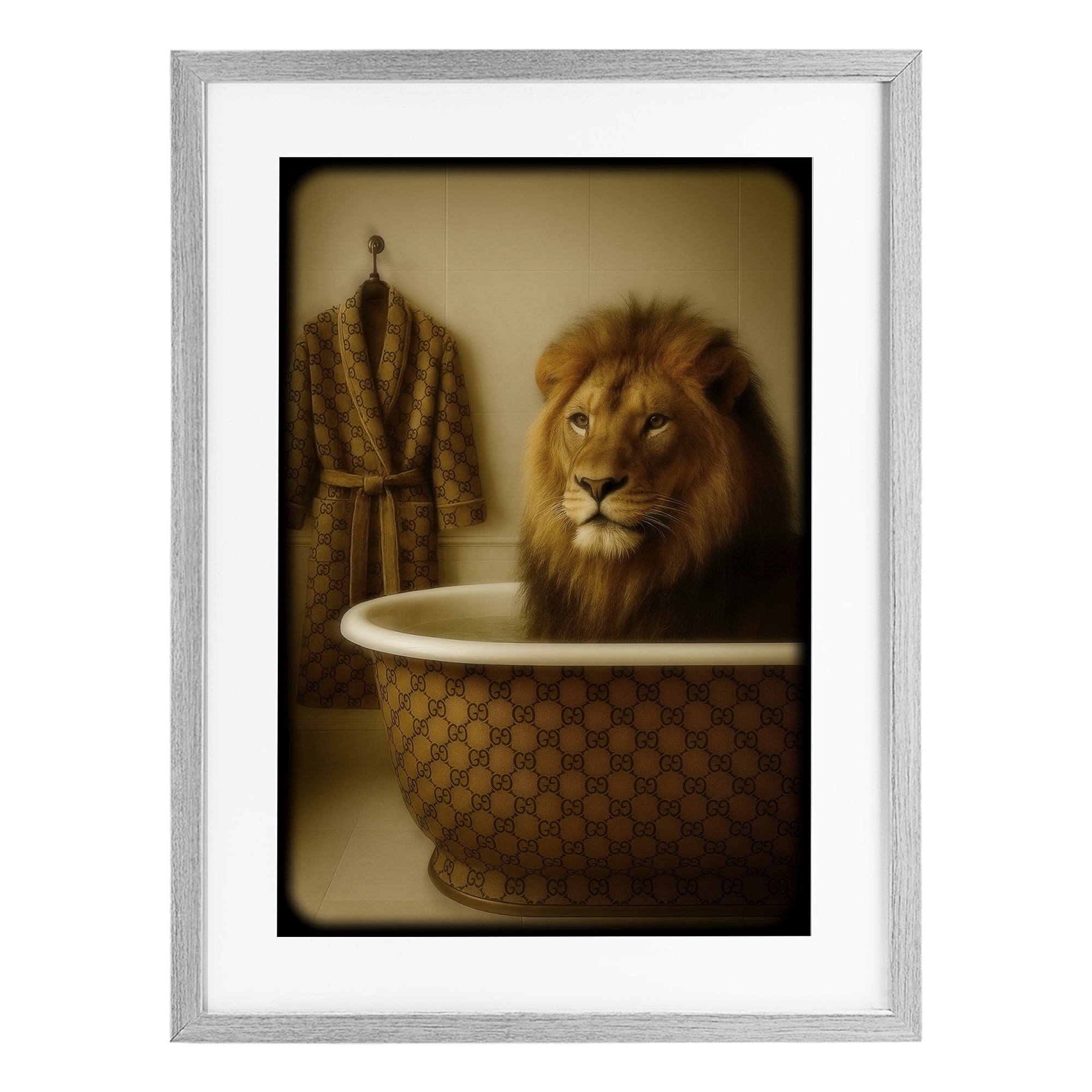 Stupell Industries Couture Lion in Luxury Tub Gray Framed Print Under Glass, design by Grotto Studios