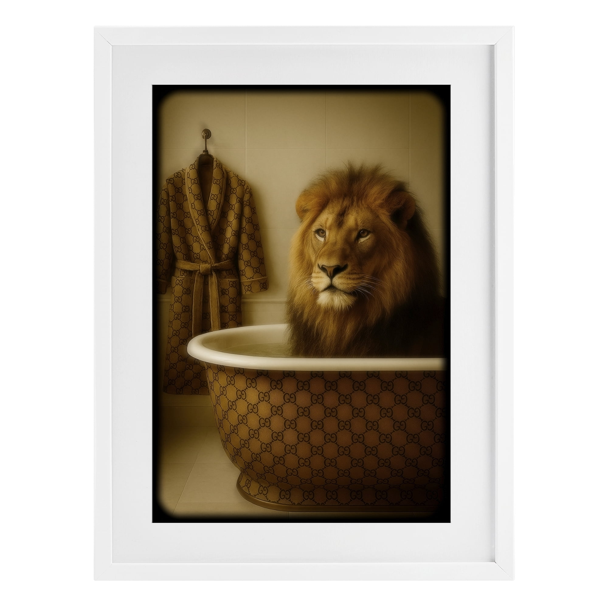 Stupell Industries Couture Lion in Luxury Tub White Framed Print Under Glass, design by Grotto Studios