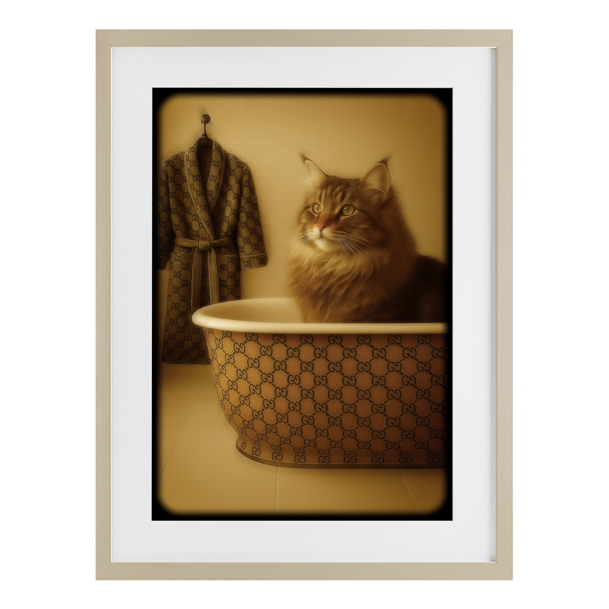 Stupell Industries Couture Main Coon in Luxury Tub Birch Framed Print Under Glass, design by Grotto Studios