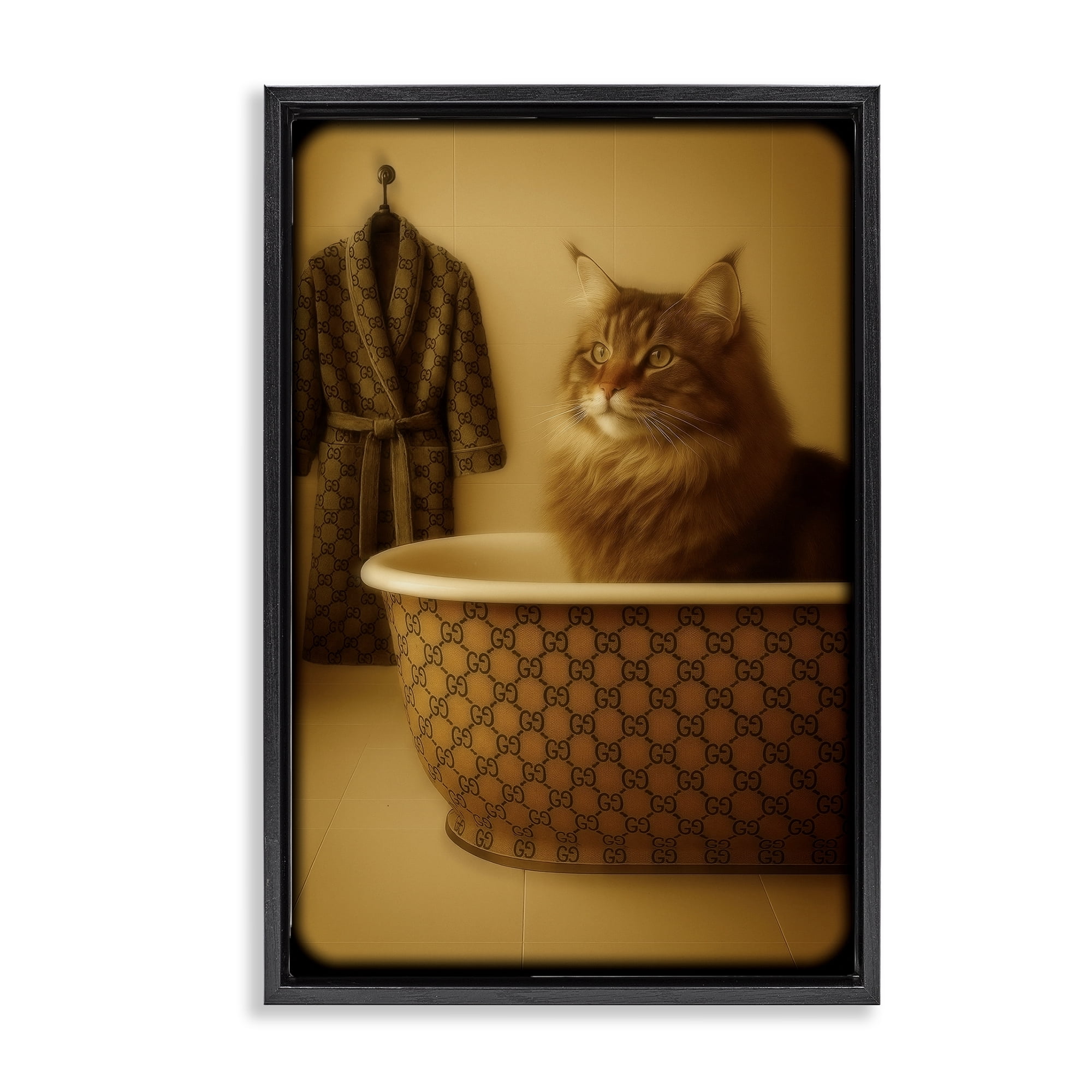 Stupell Industries Couture Main Coon in Luxury Tub Black Framed Floater Canvas Wall Art, design by Grotto Studios
