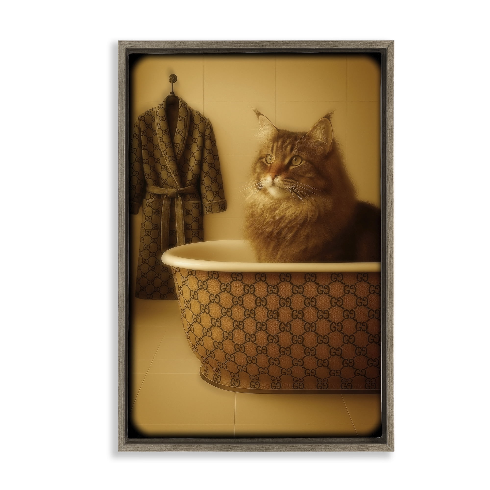 Stupell Industries Couture Main Coon in Luxury Tub Brown Framed Floater Canvas Wall Art, design by Grotto Studios