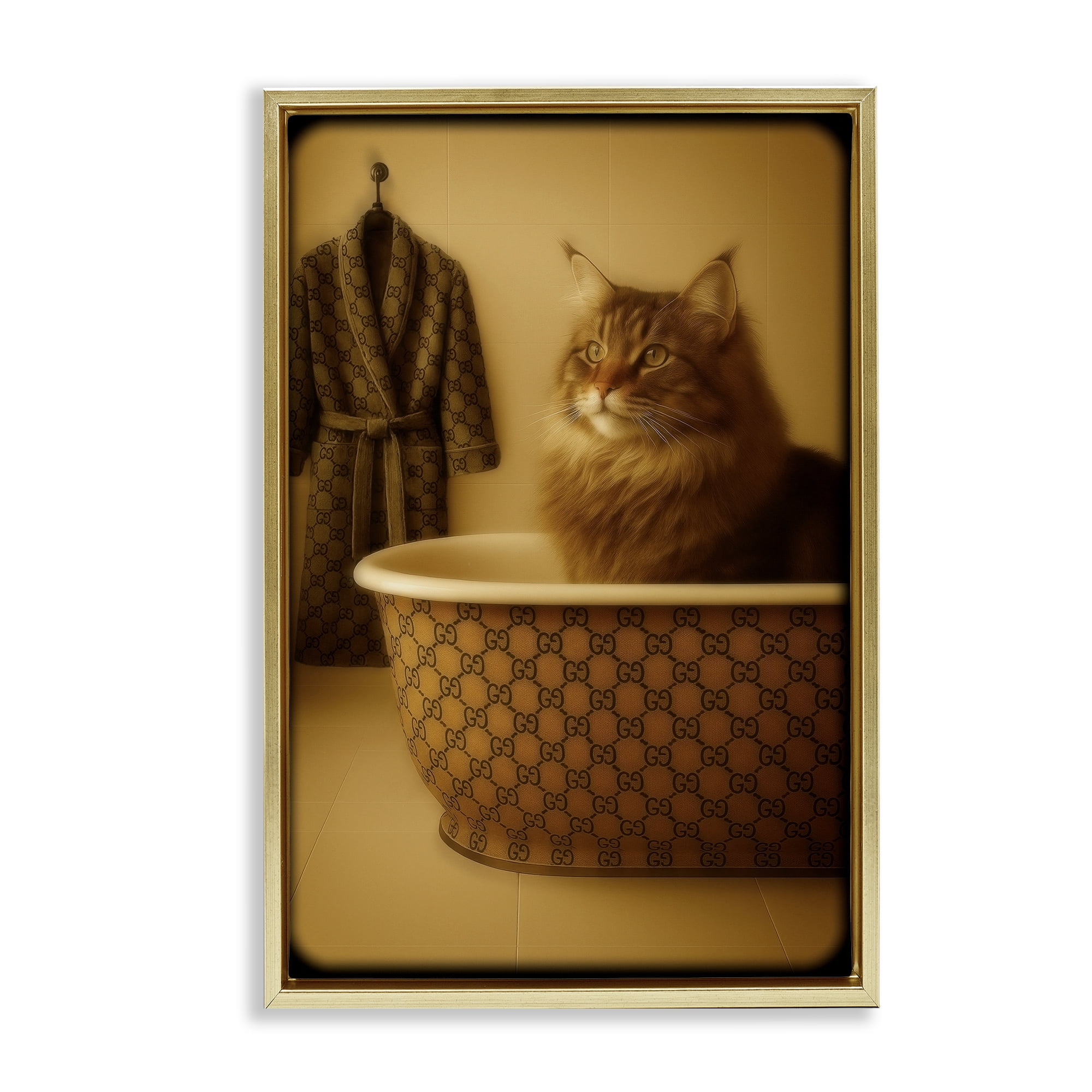 Stupell Industries Couture Main Coon in Luxury Tub Gold Framed Floater Canvas Wall Art, design by Grotto Studios