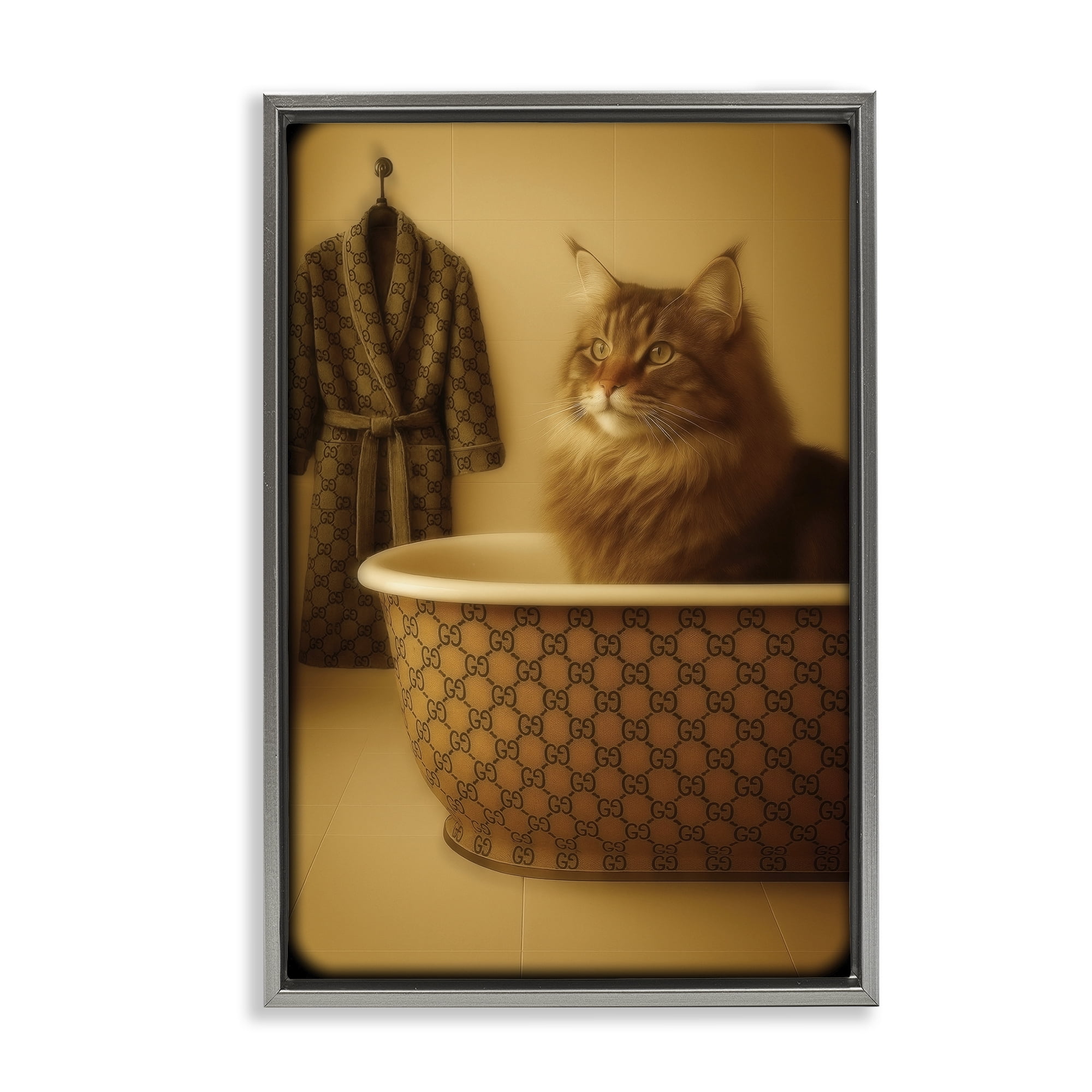 Stupell Industries Couture Main Coon in Luxury Tub Gray Framed Floater Canvas Wall Art, design by Grotto Studios
