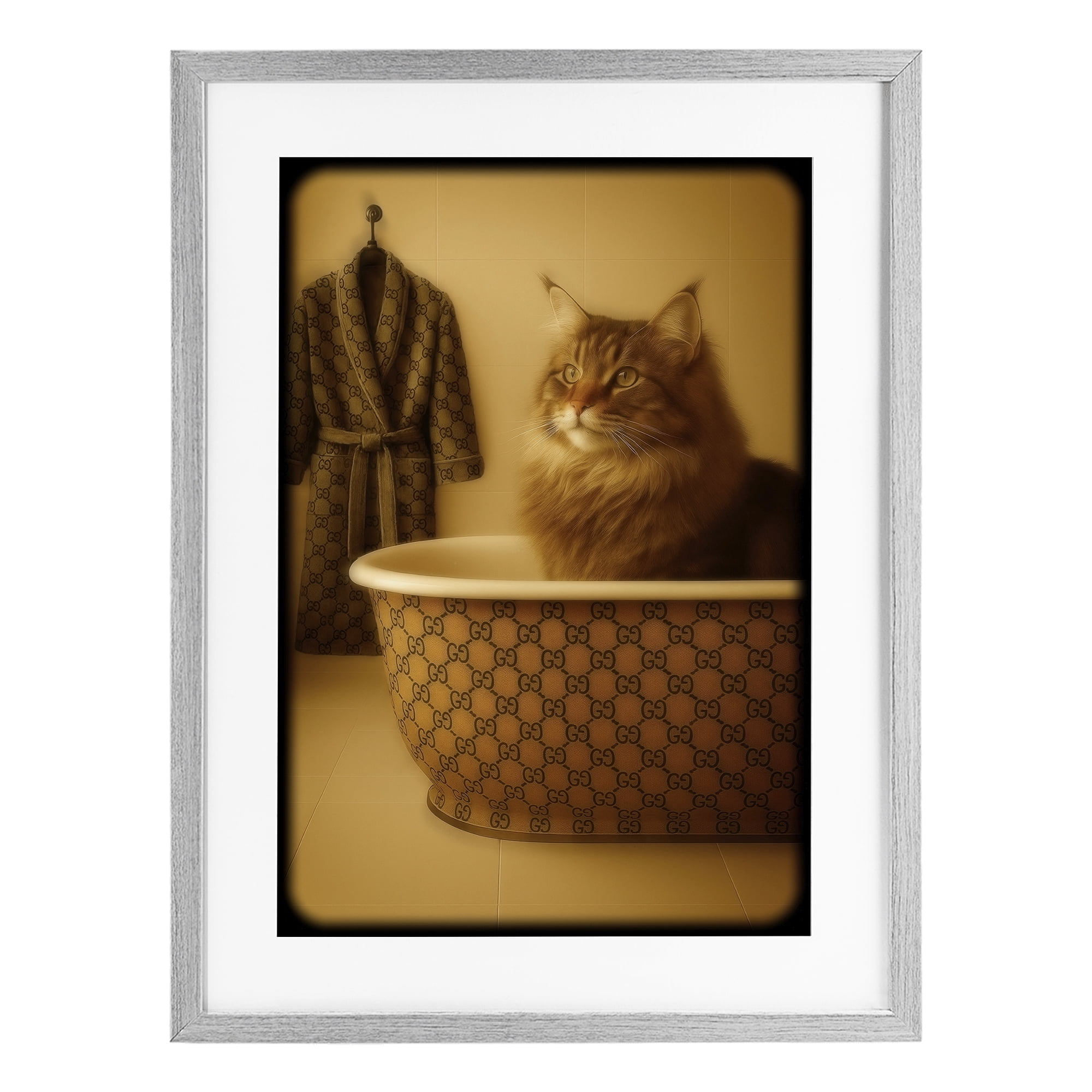 Stupell Industries Couture Main Coon in Luxury Tub Gray Framed Print Under Glass, design by Grotto Studios
