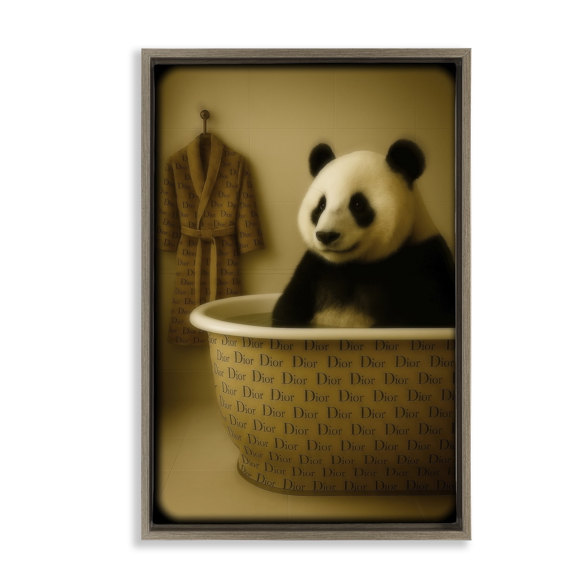 Stupell Industries Couture Panda in Luxury Tub Brown Framed Floater Canvas Wall Art, design by Grotto Studios