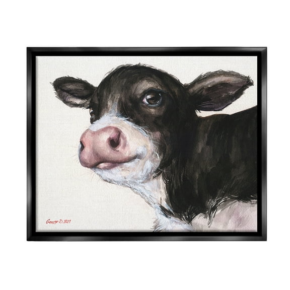 Stupell Industries Cow Calf Minimal Painting Animals & Insects Painting Black Floater Framed Canvas Art Print Wall Art, 21 x 17