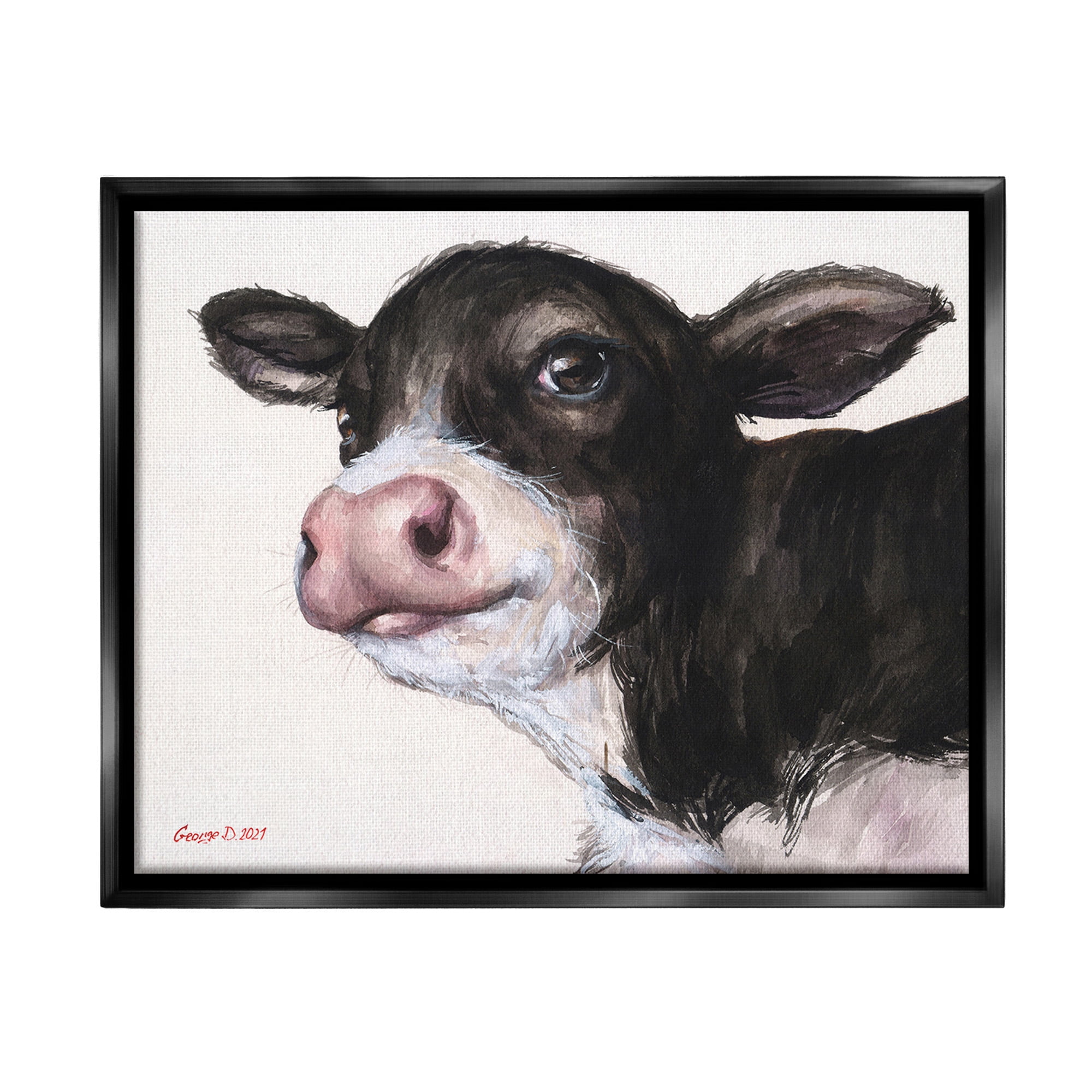Stupell Industries Cow Calf Minimal Painting Animals & Insects Painting Black Floater Framed Canvas Art Print Wall Art, 31 x 25