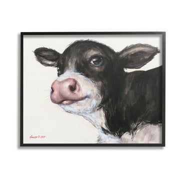 Stupell Industries Cow Calf Minimal Painting Animals & Insects Painting Black Framed Art Print Wall Art, 14 x 11