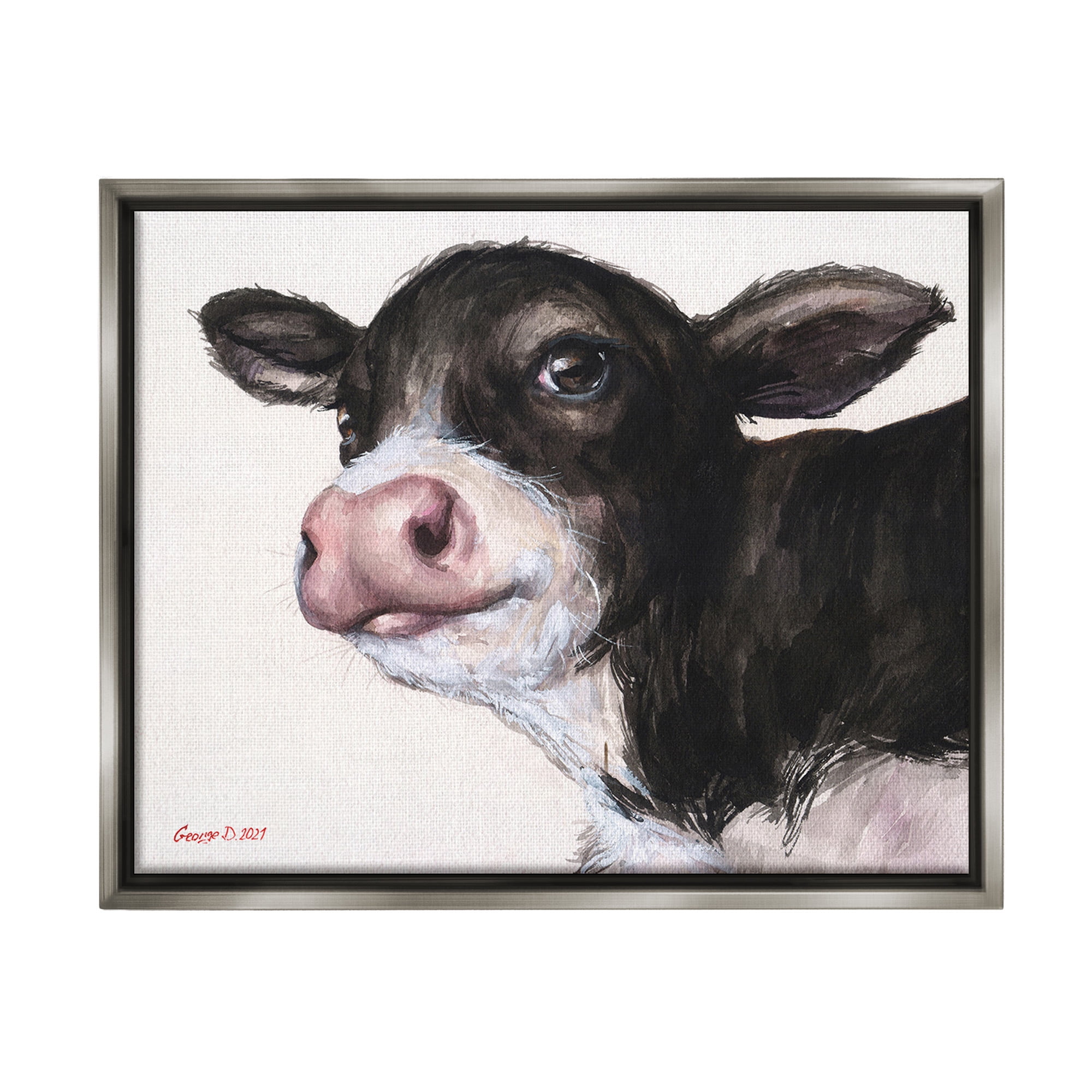 Stupell Industries Cow Calf Minimal Painting Animals & Insects Painting Gray Floater Framed Canvas Art Print Wall Art, 21 x 17