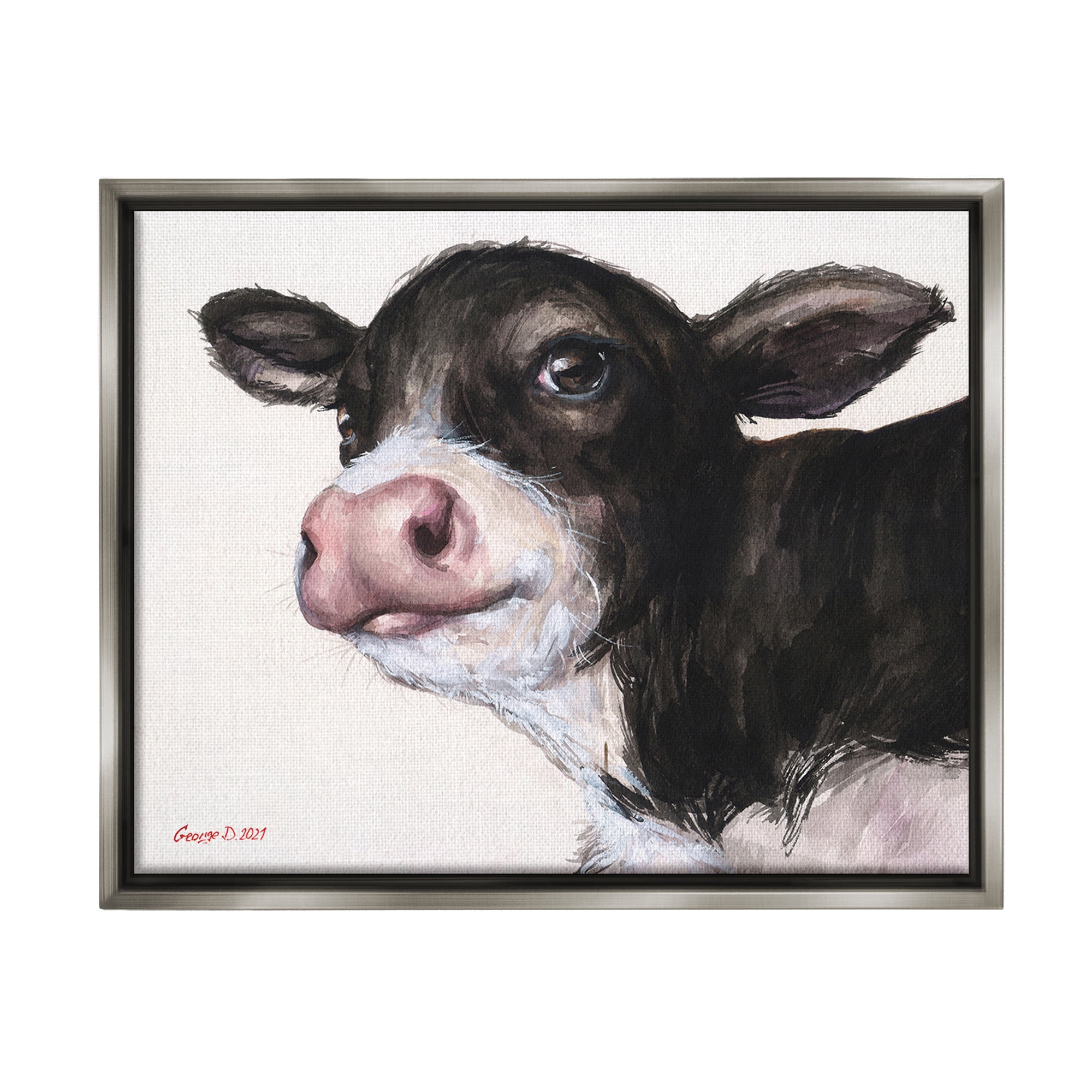 Stupell Industries Cow Calf Minimal Painting Animals & Insects Painting Gray Floater Framed Canvas Art Print Wall Art, 31 x 25