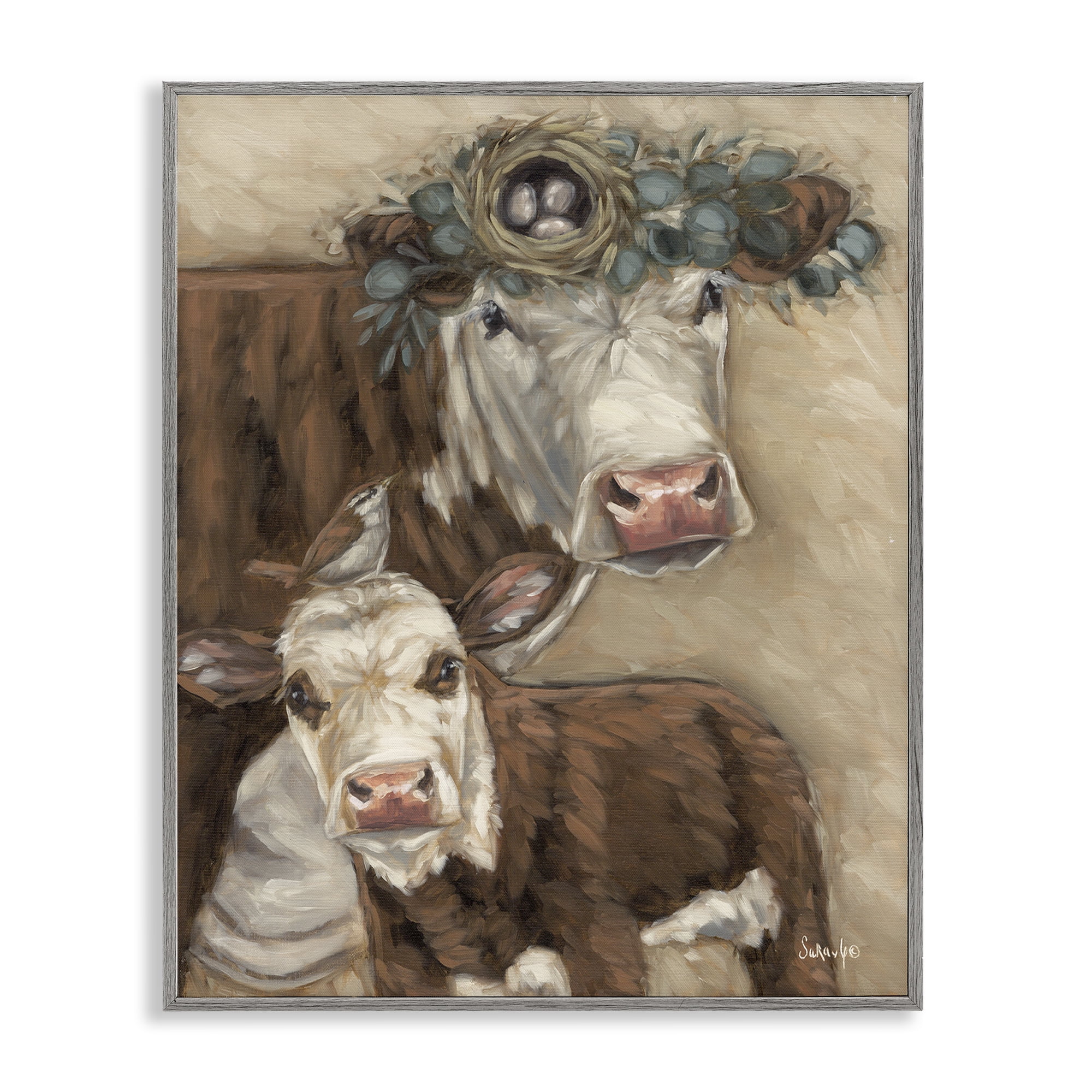 Stupell Industries Cow & Calf with Bird Nest Animals Painting Gray Framed Art Print Wall Art, 16 x 20