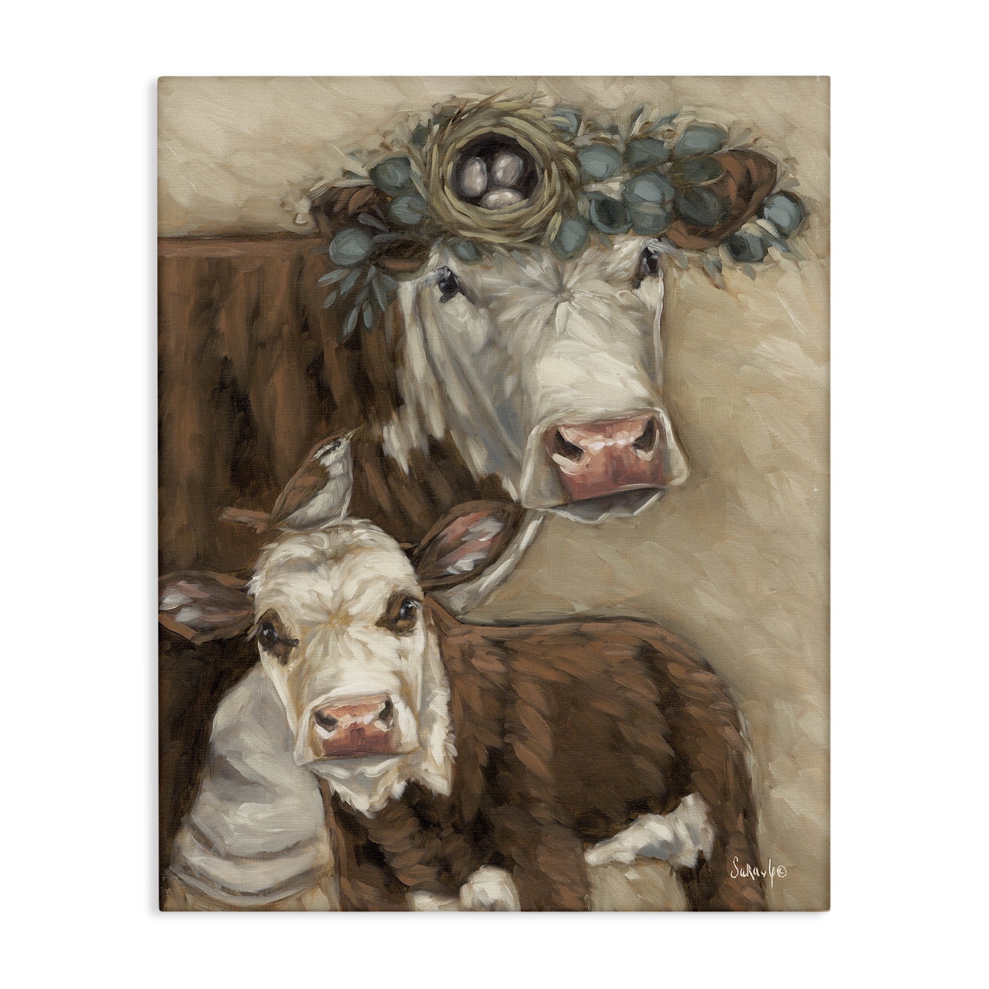Stupell Industries Cow & Calf with Bird Nest Animals Painting Wrapped Canvas Art Print Wall Art, 16 x 20