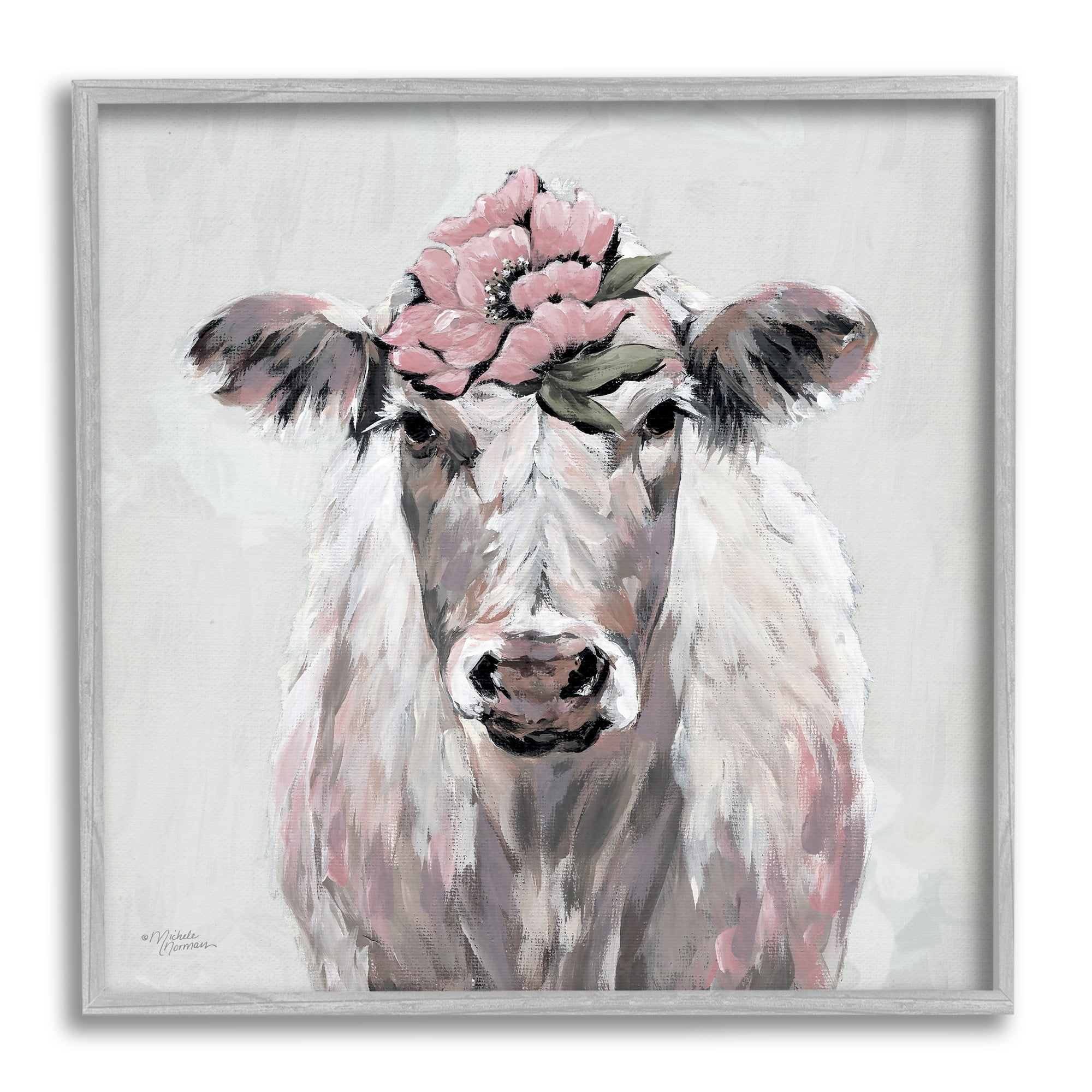 Stupell Industries Cow Cattle Flower Blossom Botanical Painterly Illustration , 17 x 17, Design by Michele Norman