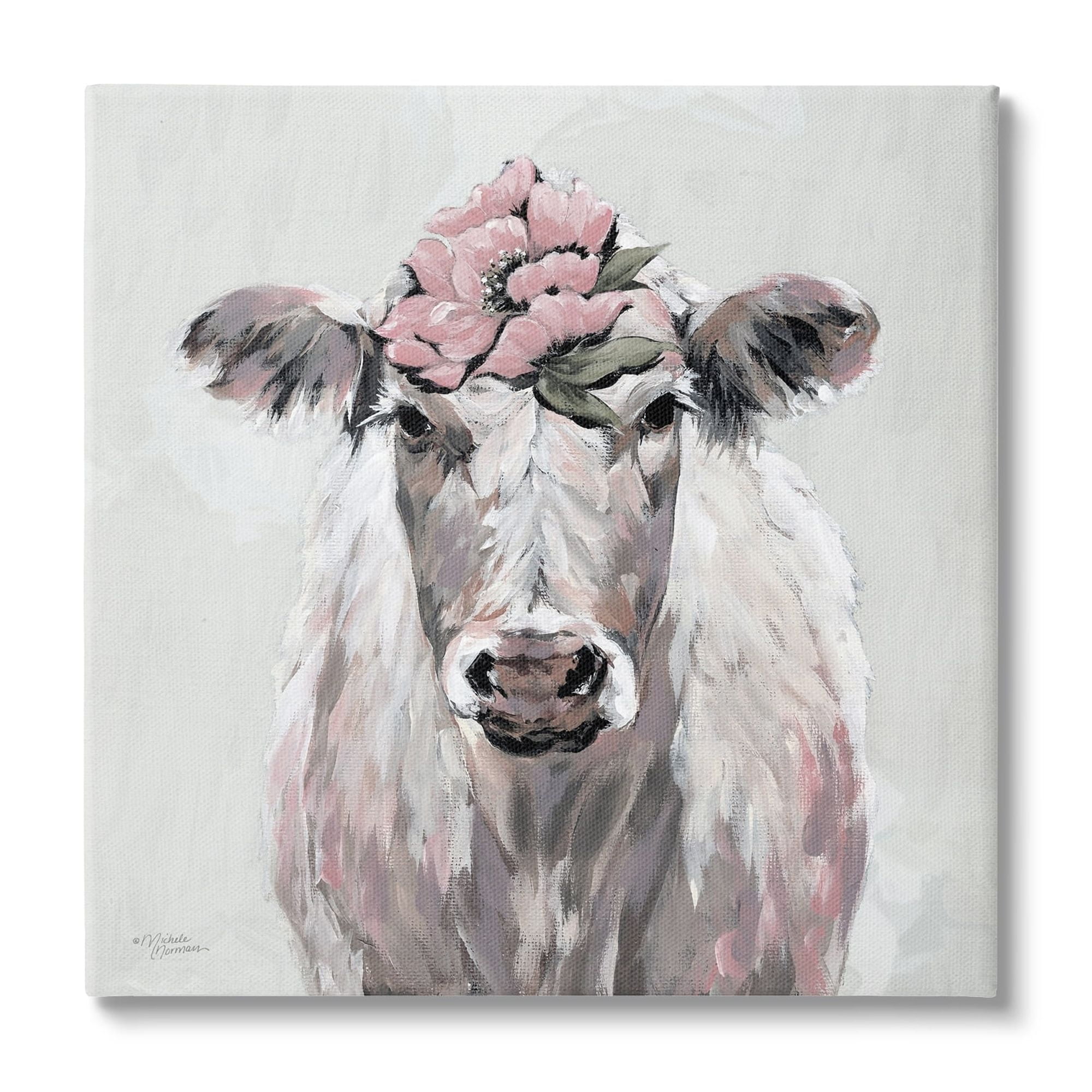 Stupell Industries Cow Cattle Flower Blossom Botanical Painterly Illustration Paintings Gallery-Wrapped Canvas Print Wall Art, 30x30, by Michele Norman